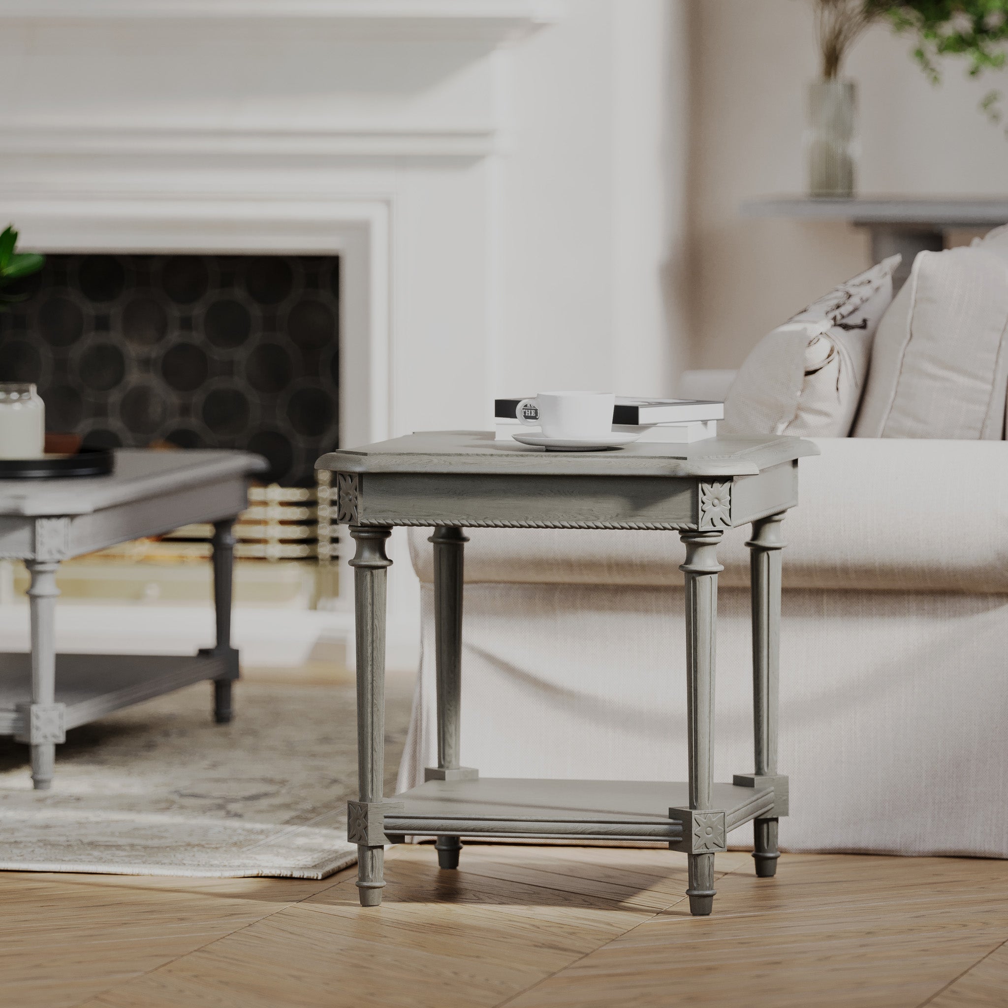 Pullman Traditional Square Wooden Side Table in Antiqued Grey Finish in Accent Tables by Maven Lane