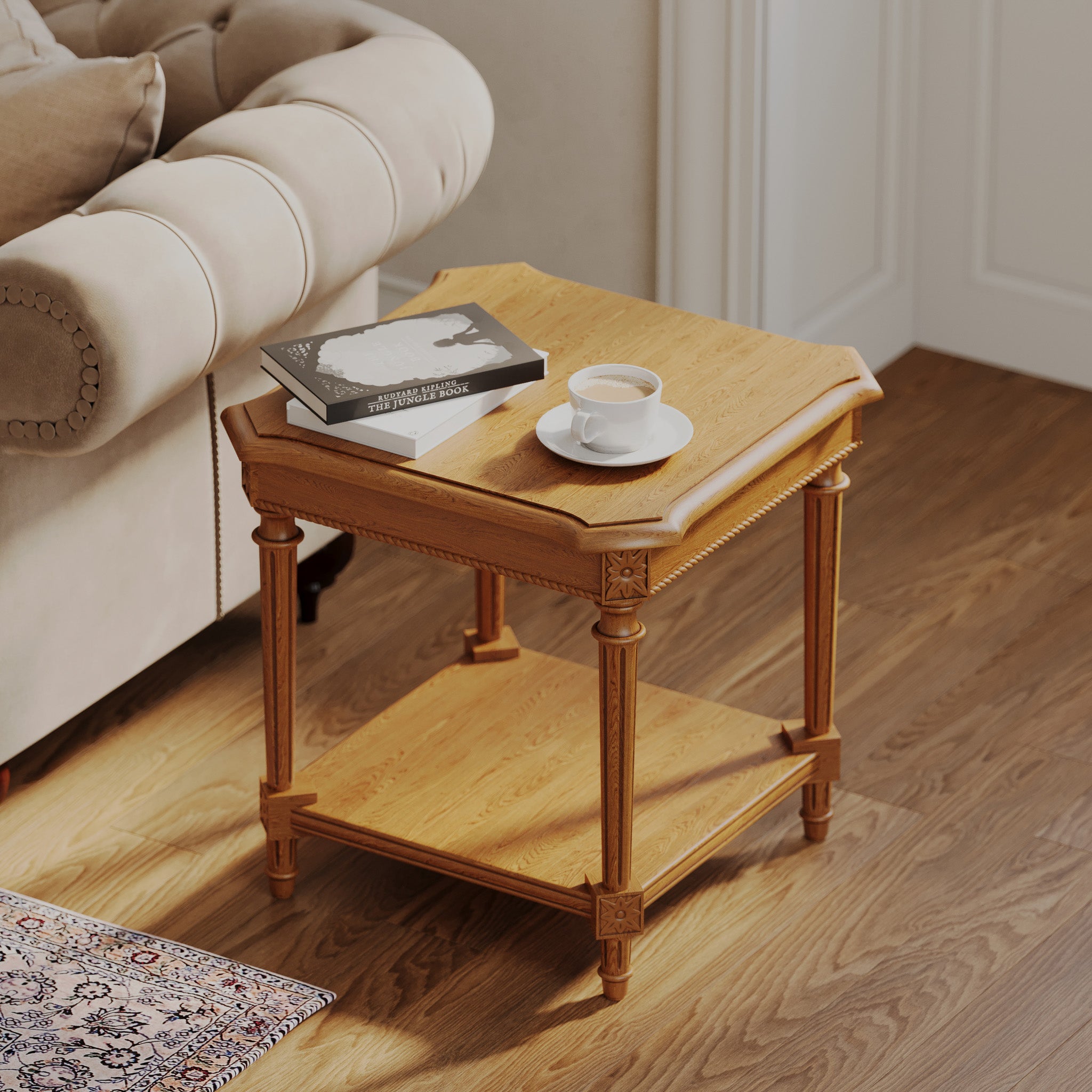 Pullman Traditional Square Wooden Side Table in Antiqued Natural Finish in Accent Tables by Maven Lane