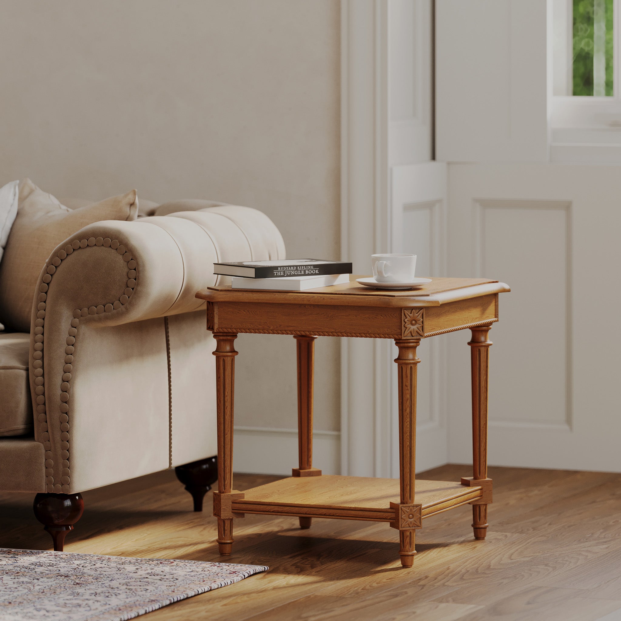 Pullman Traditional Square Wooden Side Table in Antiqued Natural Finish in Accent Tables by Maven Lane