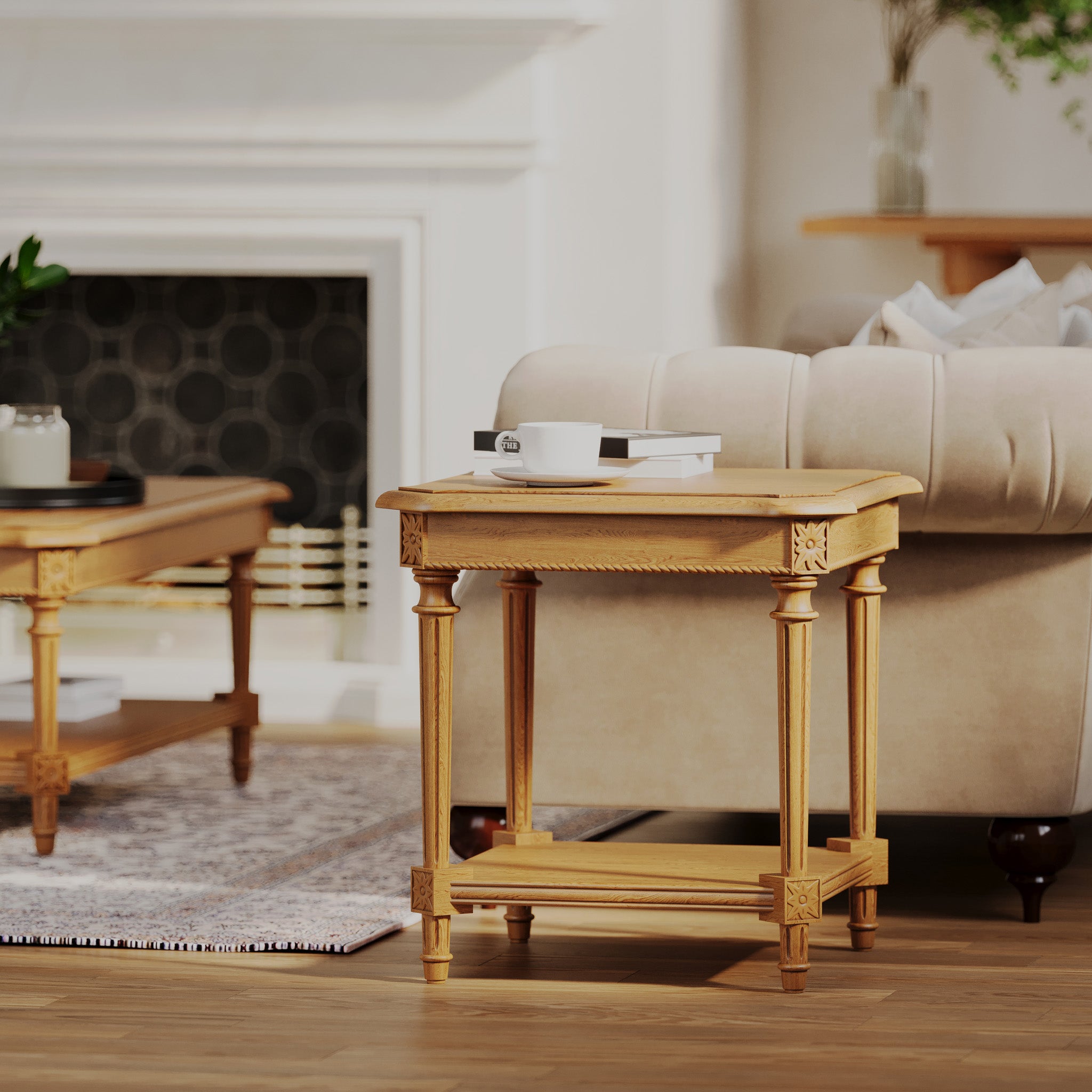 Pullman Traditional Square Wooden Side Table in Antiqued Natural Finish in Accent Tables by Maven Lane