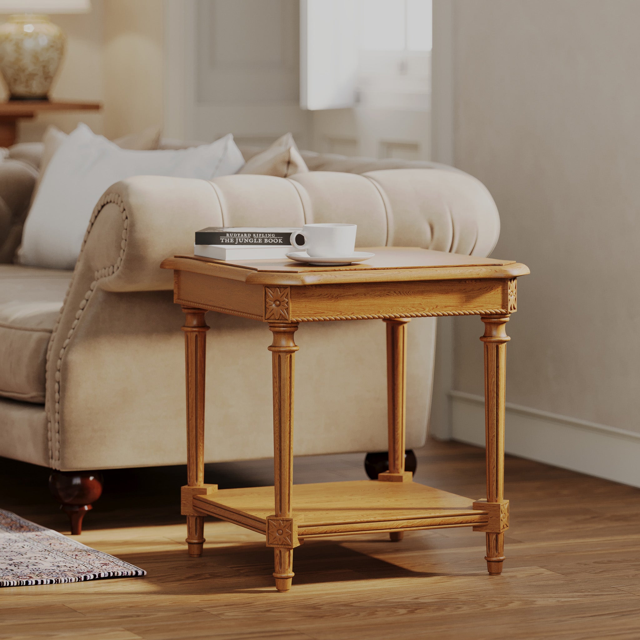 Pullman Traditional Square Wooden Side Table in Antiqued Natural Finish in Accent Tables by Maven Lane