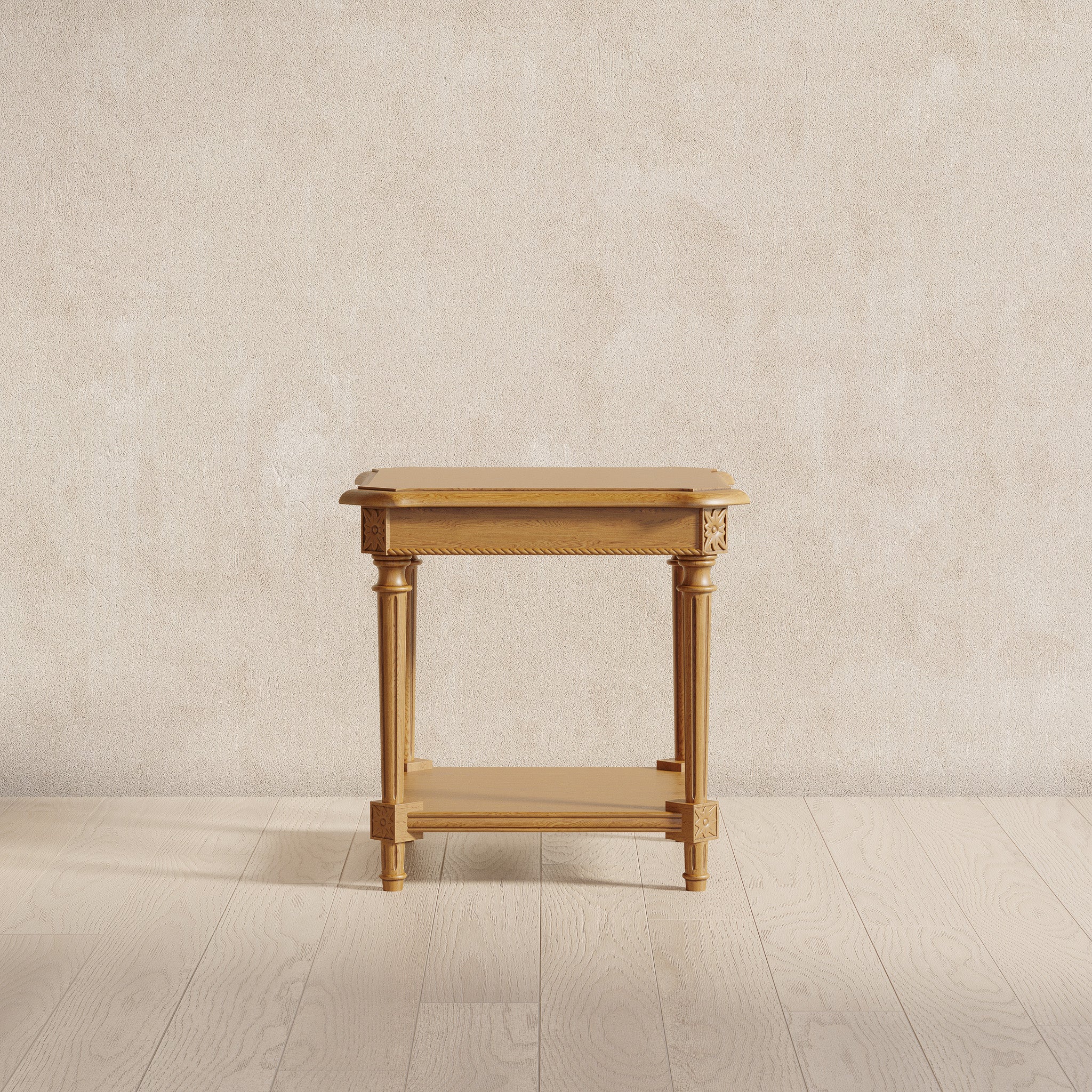 Pullman Traditional Square Wooden Side Table in Antiqued Natural Finish in Accent Tables by Maven Lane