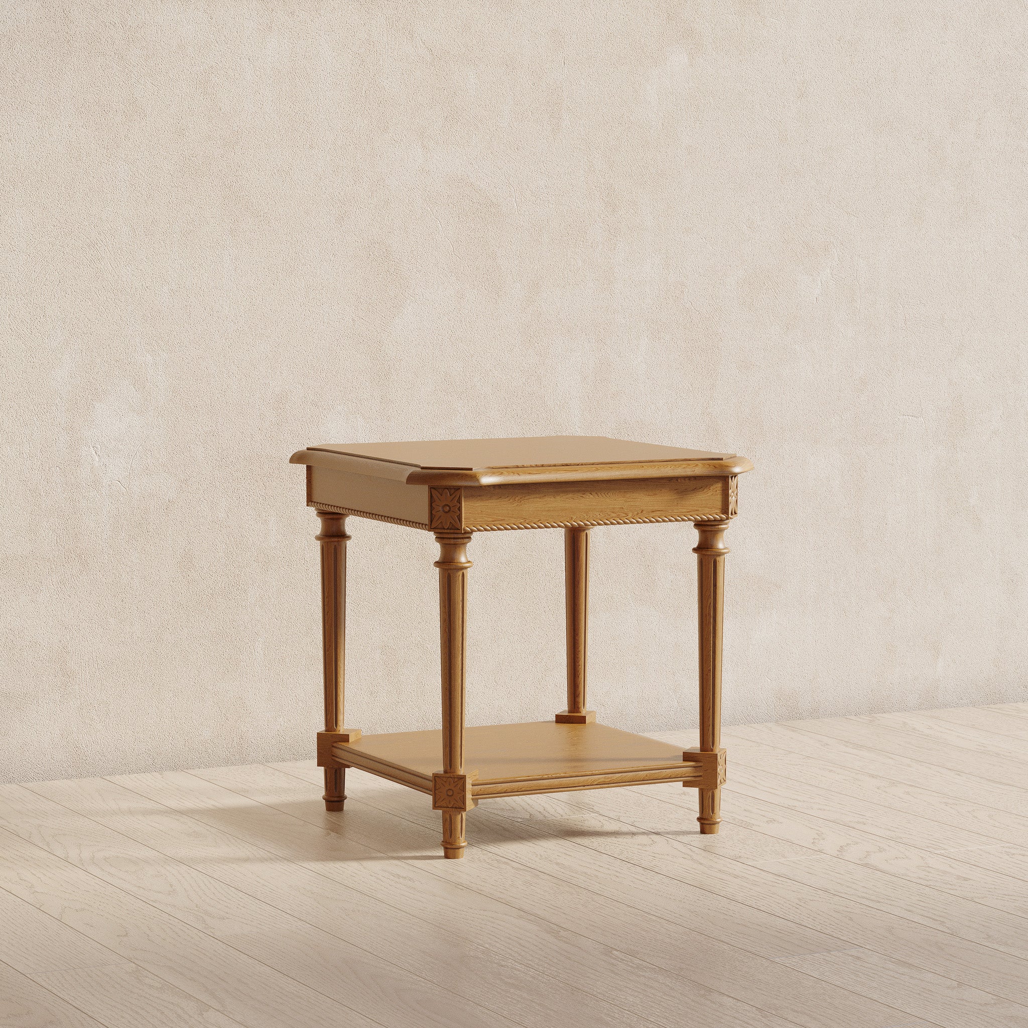 Pullman Traditional Square Wooden Side Table in Antiqued Natural Finish in Accent Tables by Maven Lane