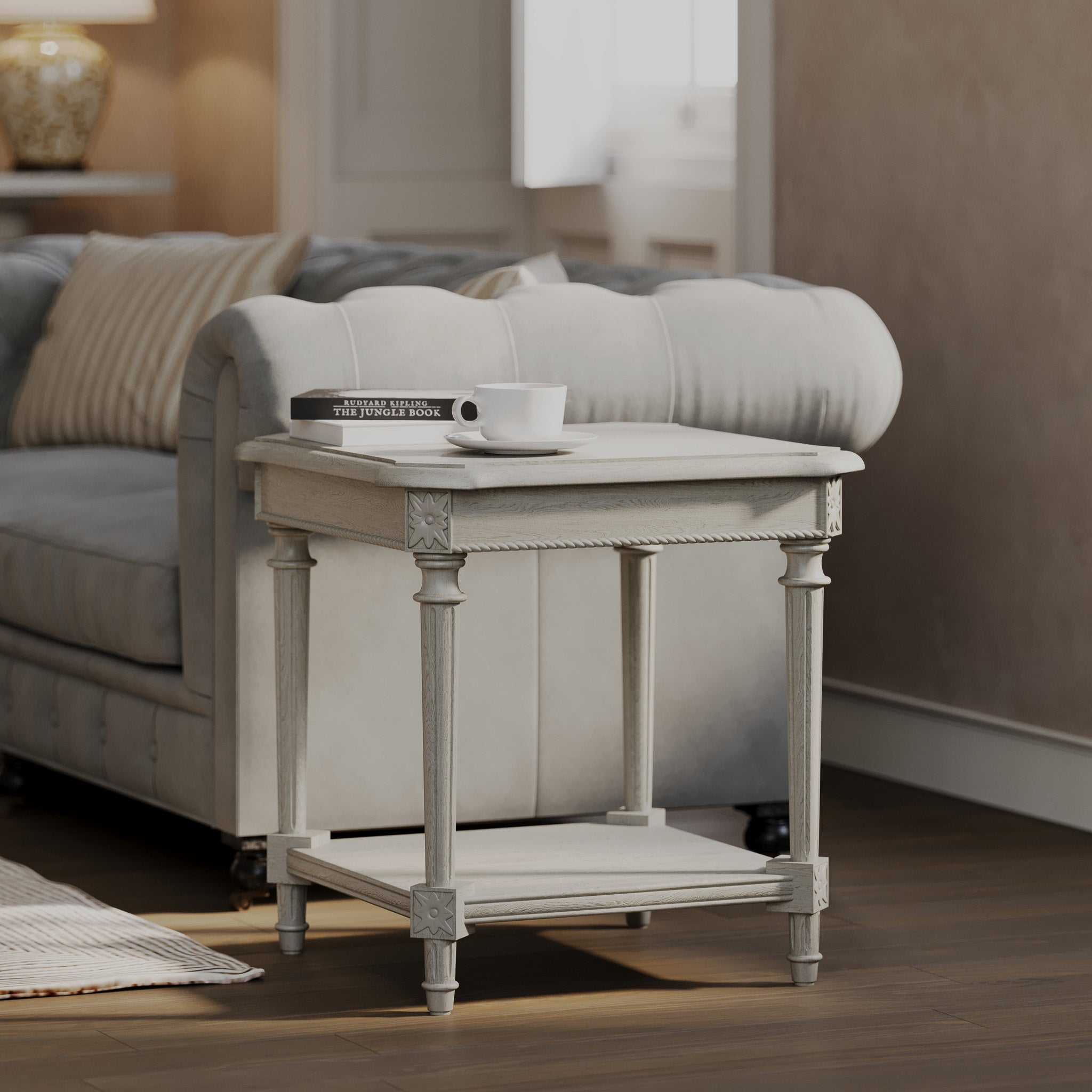 Pullman Traditional Square Wooden Side Table in Antiqued White Finish in Accent Tables by Maven Lane