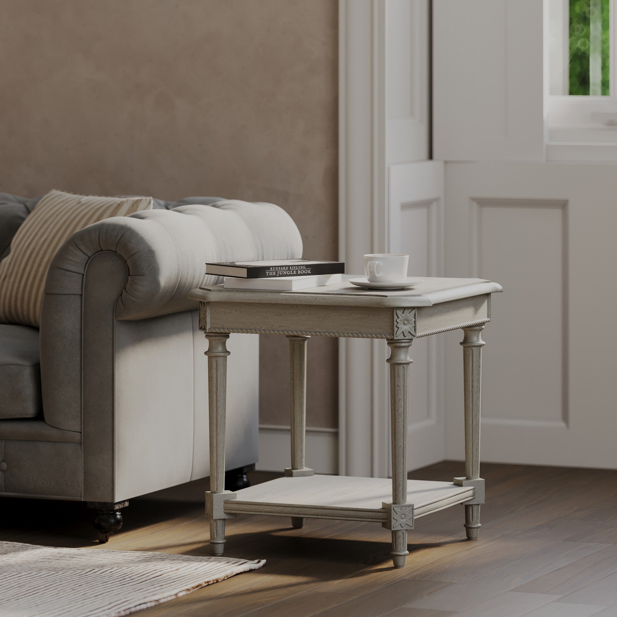 Pullman Traditional Square Wooden Side Table in Antiqued White Finish in Accent Tables by VMI