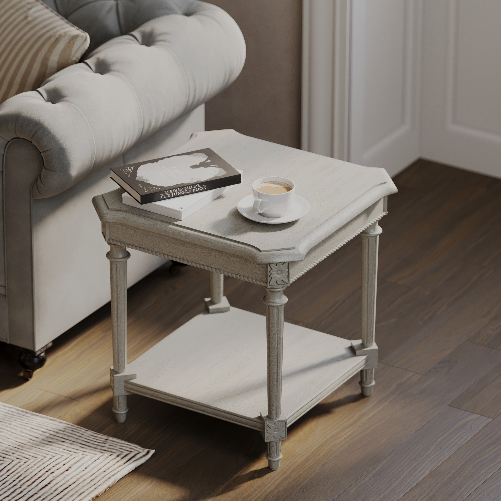 Pullman Traditional Square Wooden Side Table in Antiqued White Finish in Accent Tables by VMI