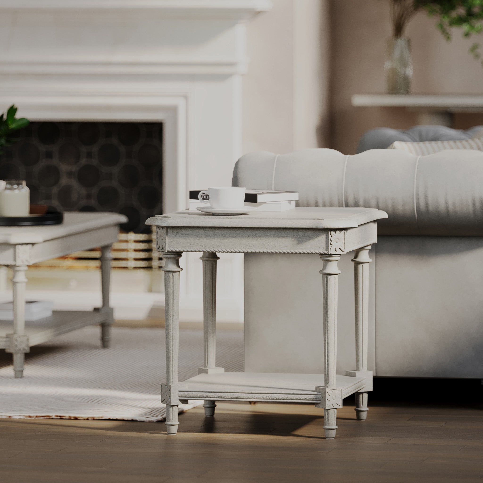 Pullman Traditional Square Wooden Side Table in Antiqued White Finish in Accent Tables by VMI