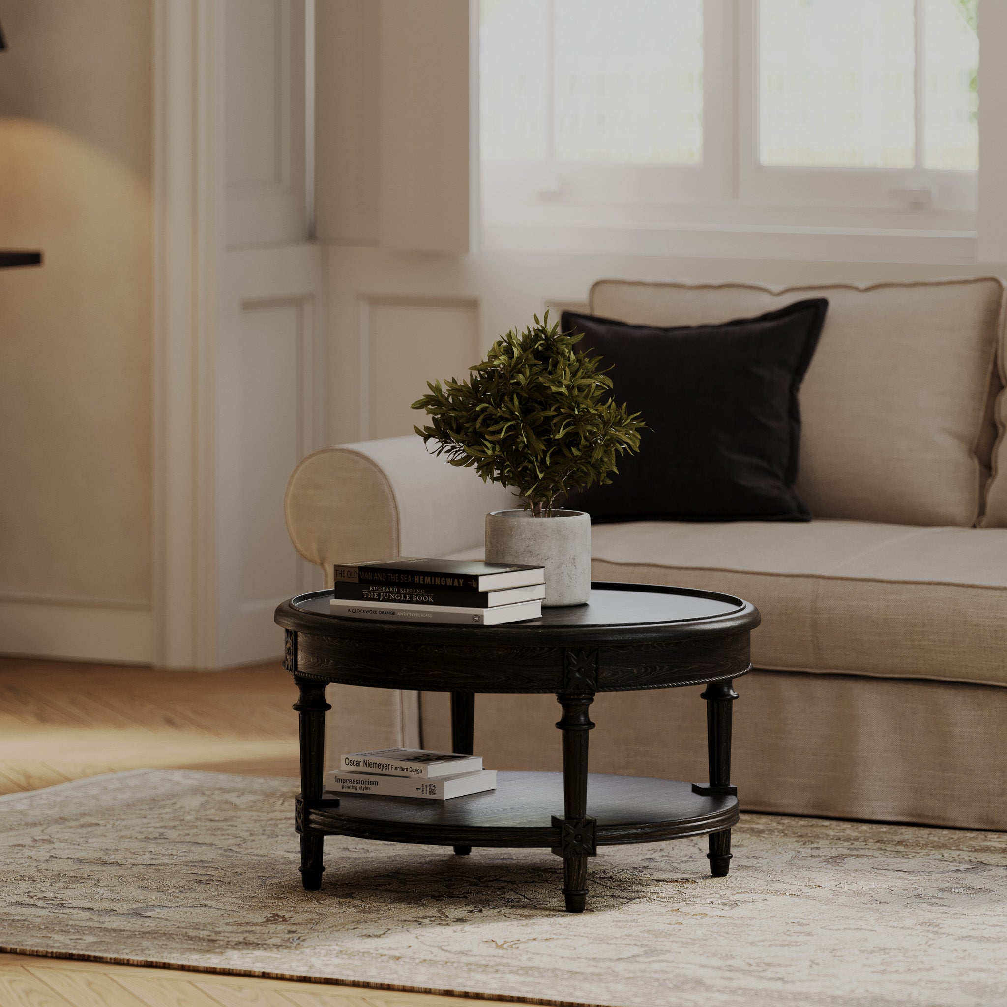 Pullman Traditional Round Wooden Coffee Table in Antiqued Black Finish in Accent Tables by Maven Lane