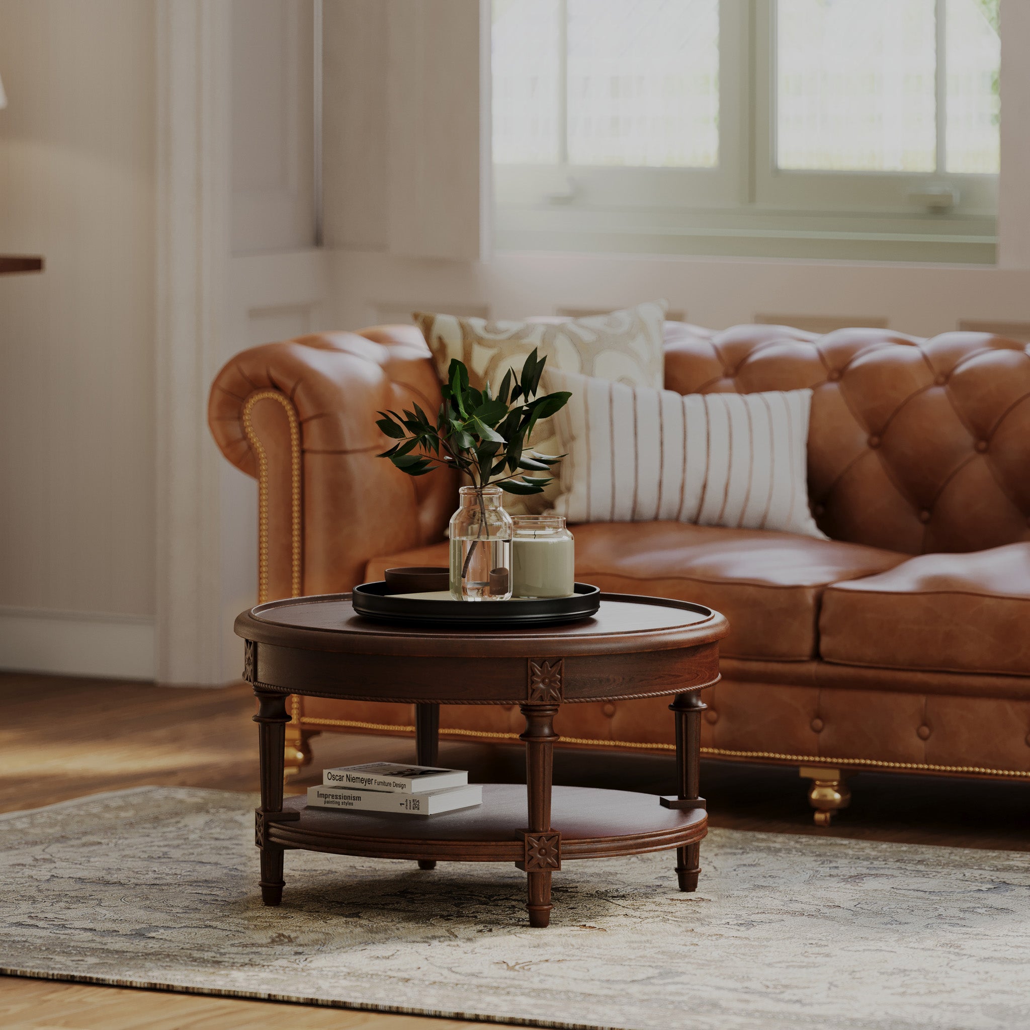 Pullman Traditional Round Wooden Coffee Table in Antiqued Brown Finish in Accent Tables by Maven Lane