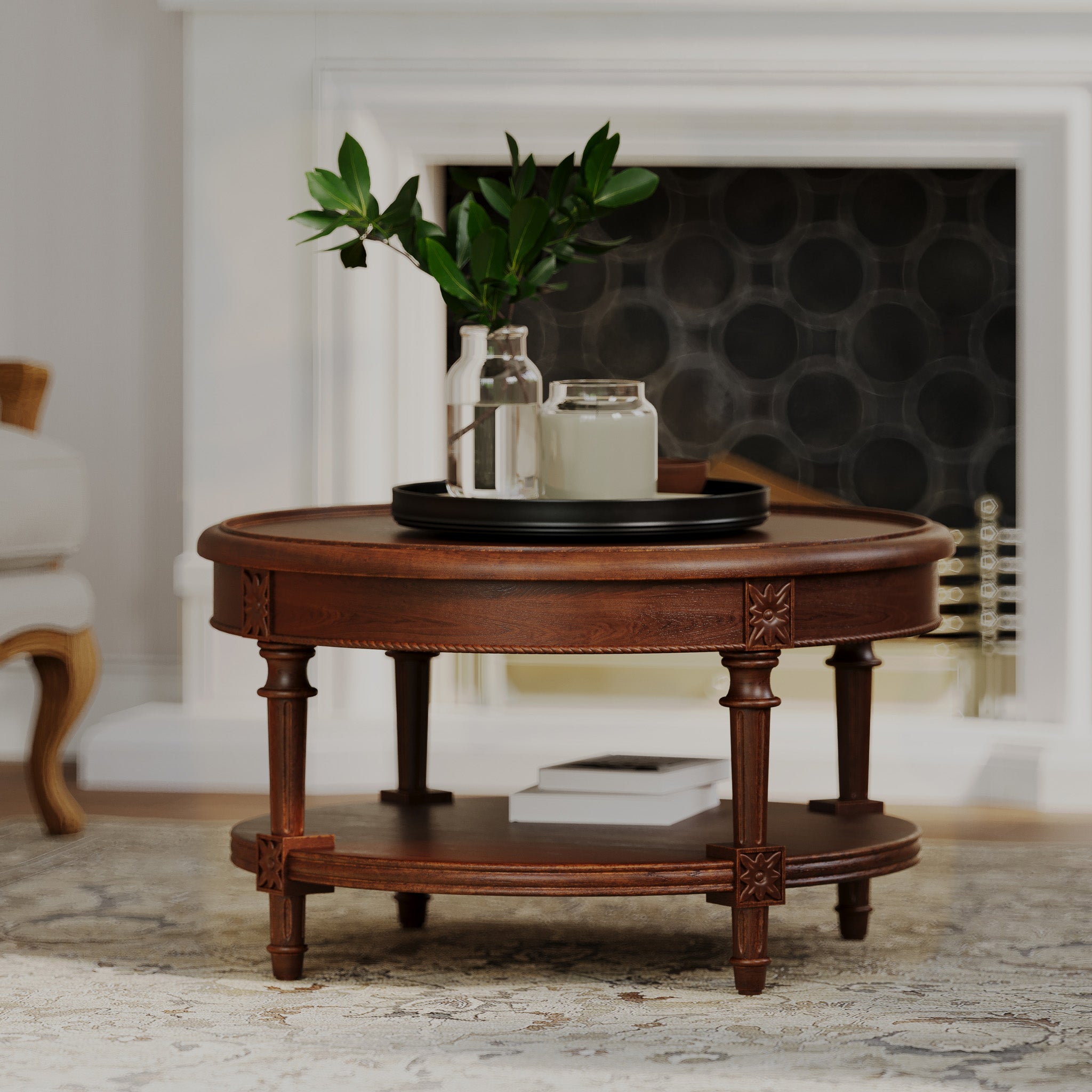 Pullman Traditional Round Wooden Coffee Table in Antiqued Brown Finish in Accent Tables by Maven Lane