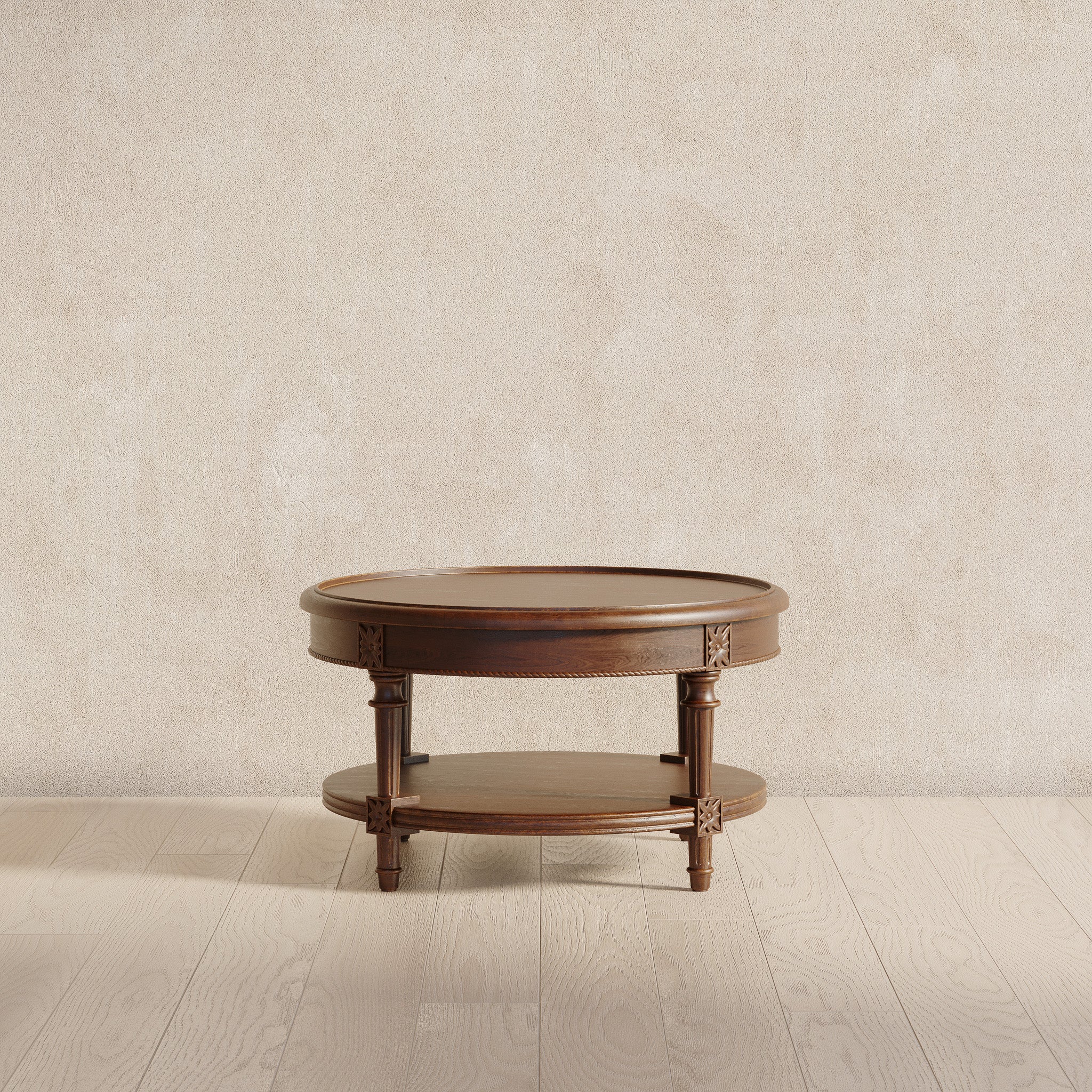 Pullman Traditional Round Wooden Coffee Table in Antiqued Brown Finish in Accent Tables by Maven Lane