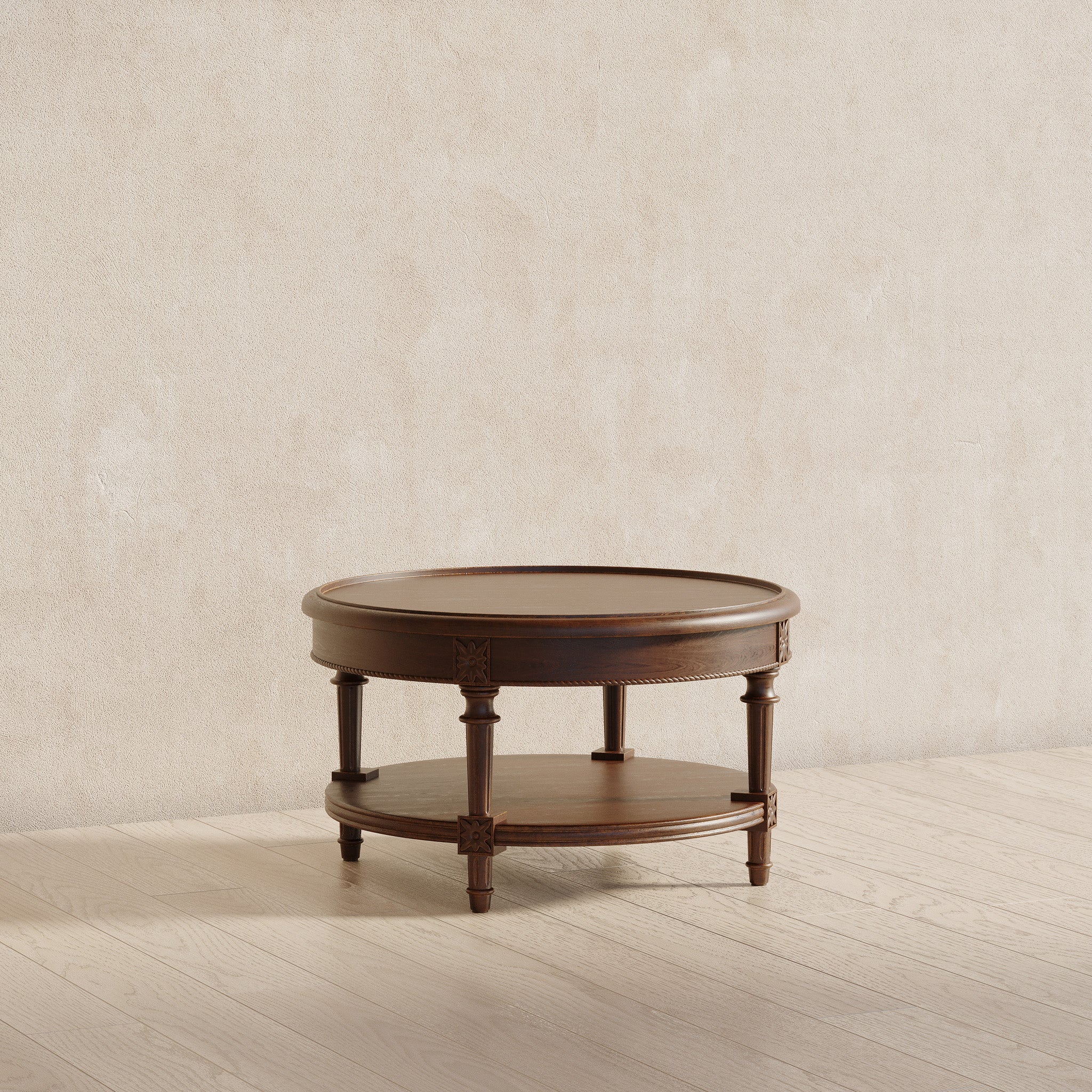 Pullman Traditional Round Wooden Coffee Table in Antiqued Brown Finish in Accent Tables by Maven Lane