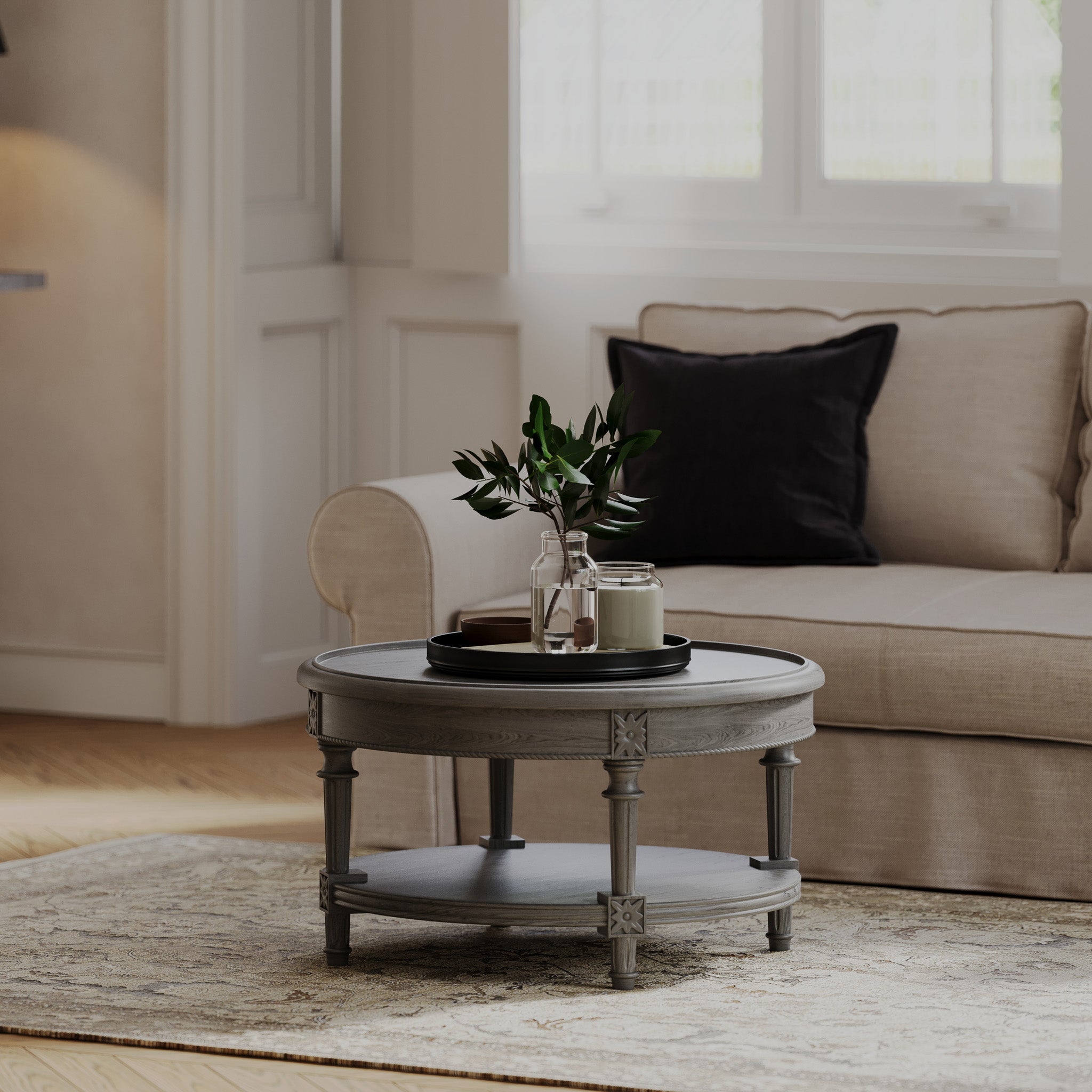 Pullman Traditional Round Wooden Coffee Table in Antiqued Grey Finish in Accent Tables by Maven Lane