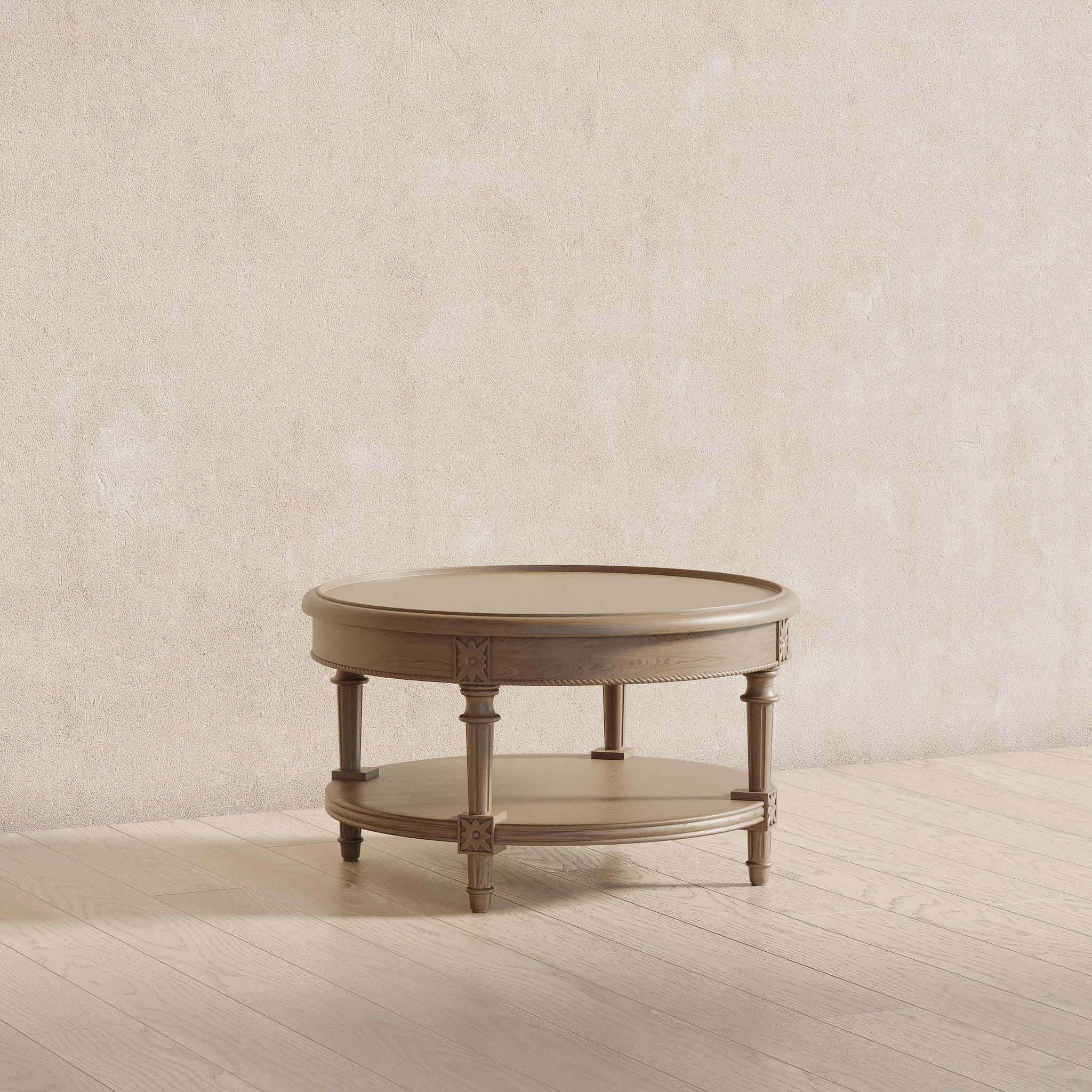 Pullman Traditional Round Wooden Coffee Table in Antiqued Grey Finish in Accent Tables by Maven Lane