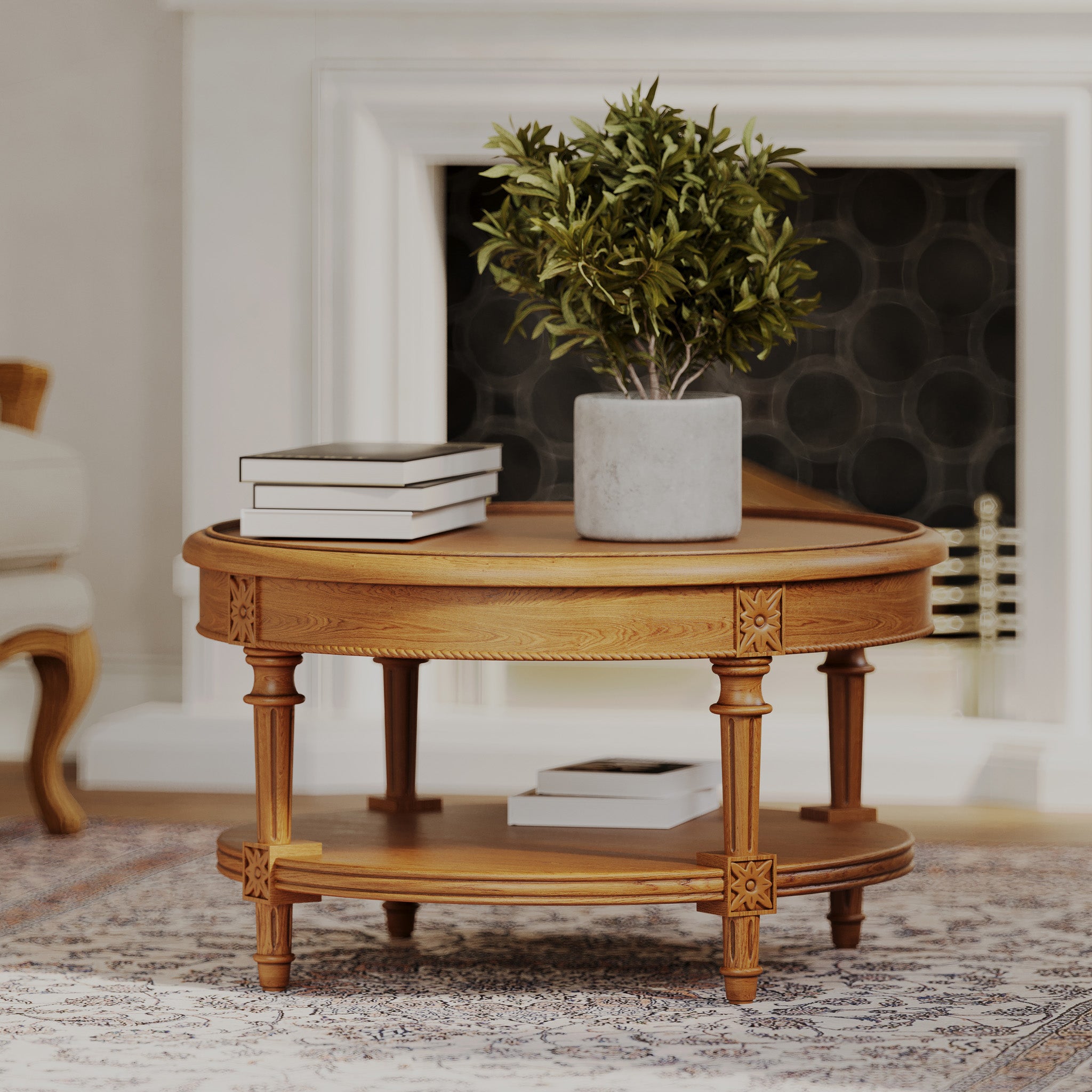 Pullman Traditional Round Wooden Coffee Table in Antiqued Natural Finish in Accent Tables by Maven Lane