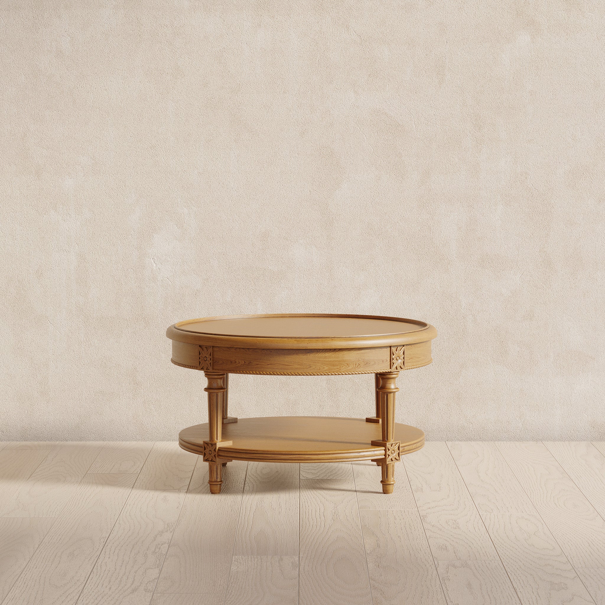 Pullman Traditional Round Wooden Coffee Table in Antiqued Natural Finish in Accent Tables by Maven Lane