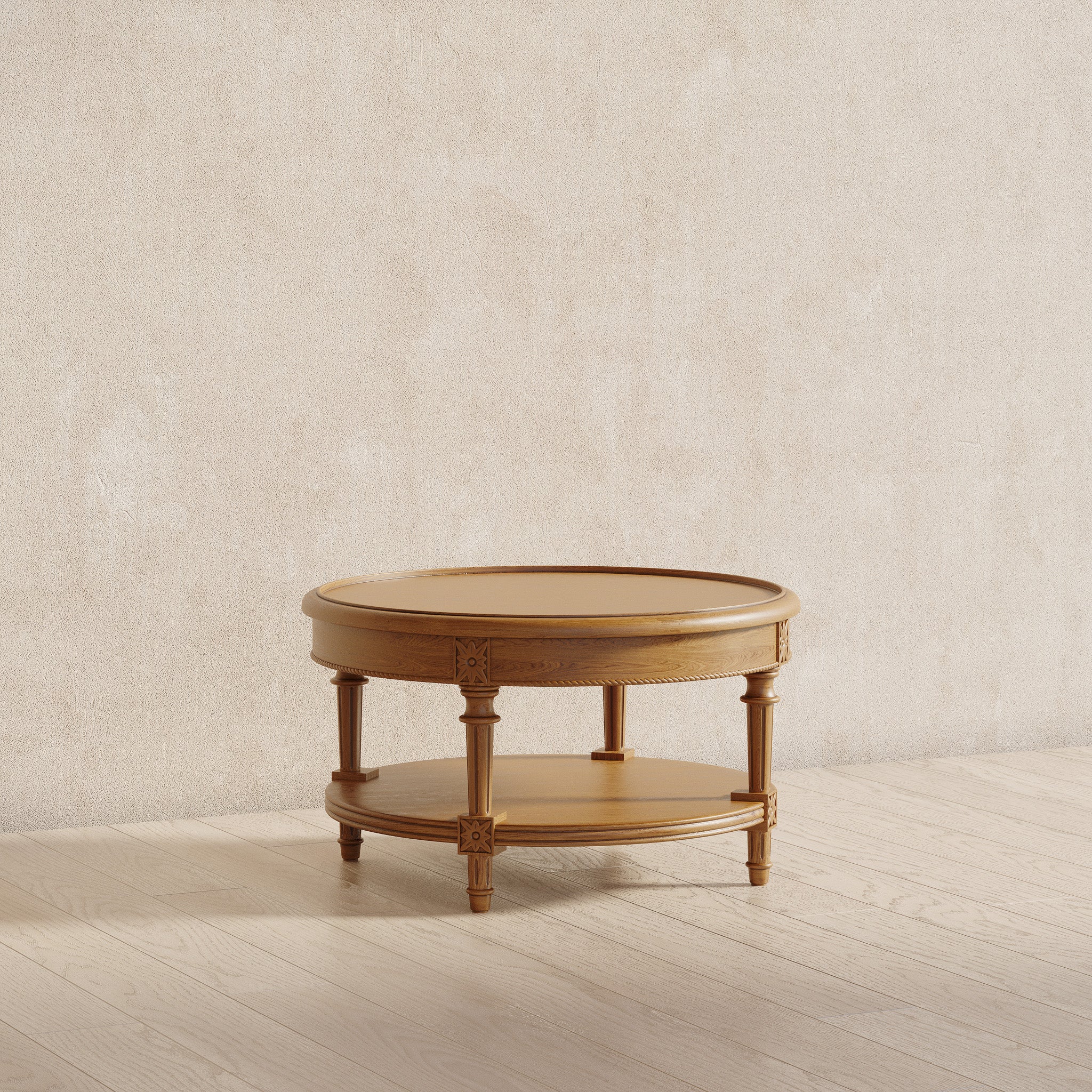 Pullman Traditional Round Wooden Coffee Table in Antiqued Natural Finish in Accent Tables by Maven Lane