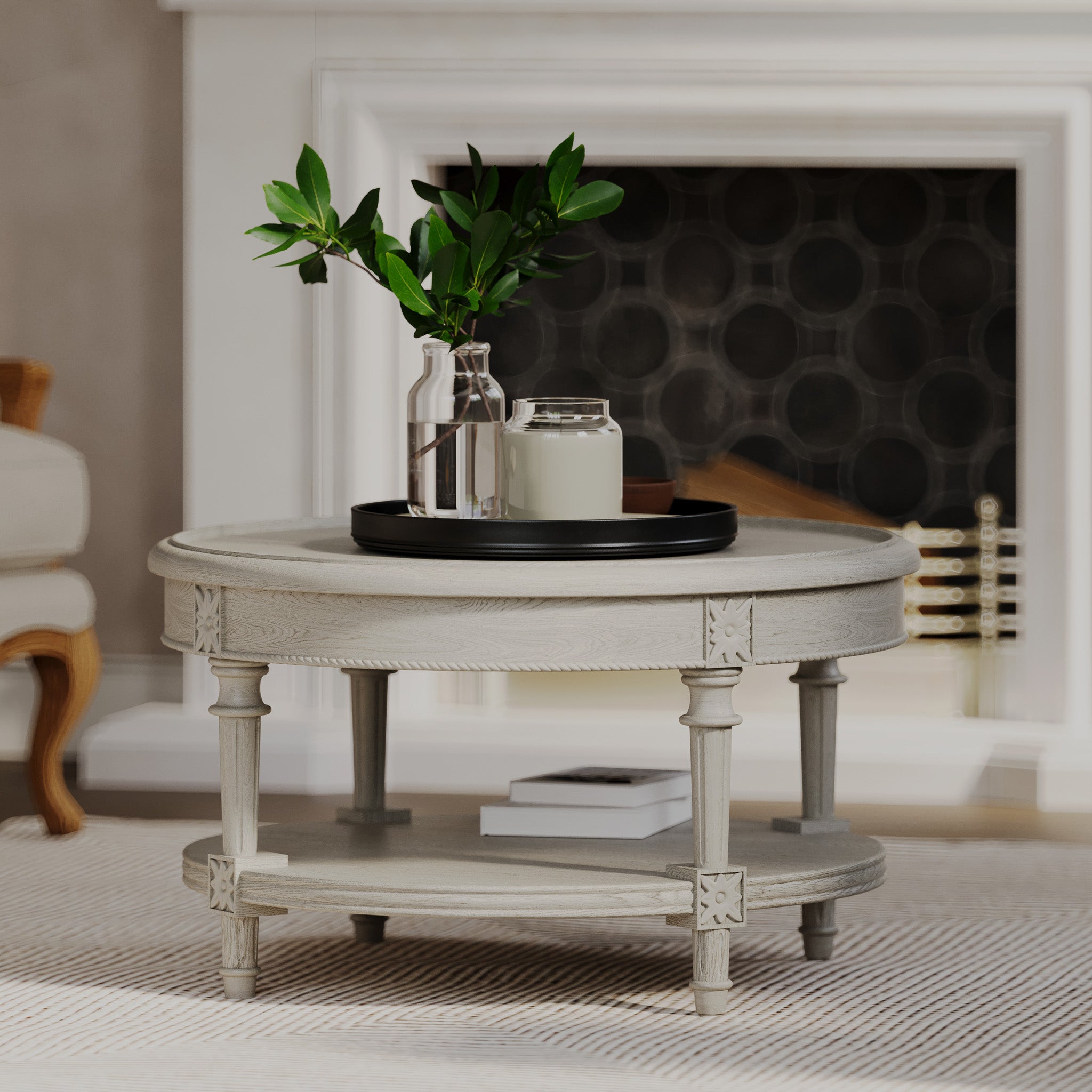 Pullman Traditional Round Wooden Coffee Table in Antiqued White Finish in Accent Tables by Maven Lane