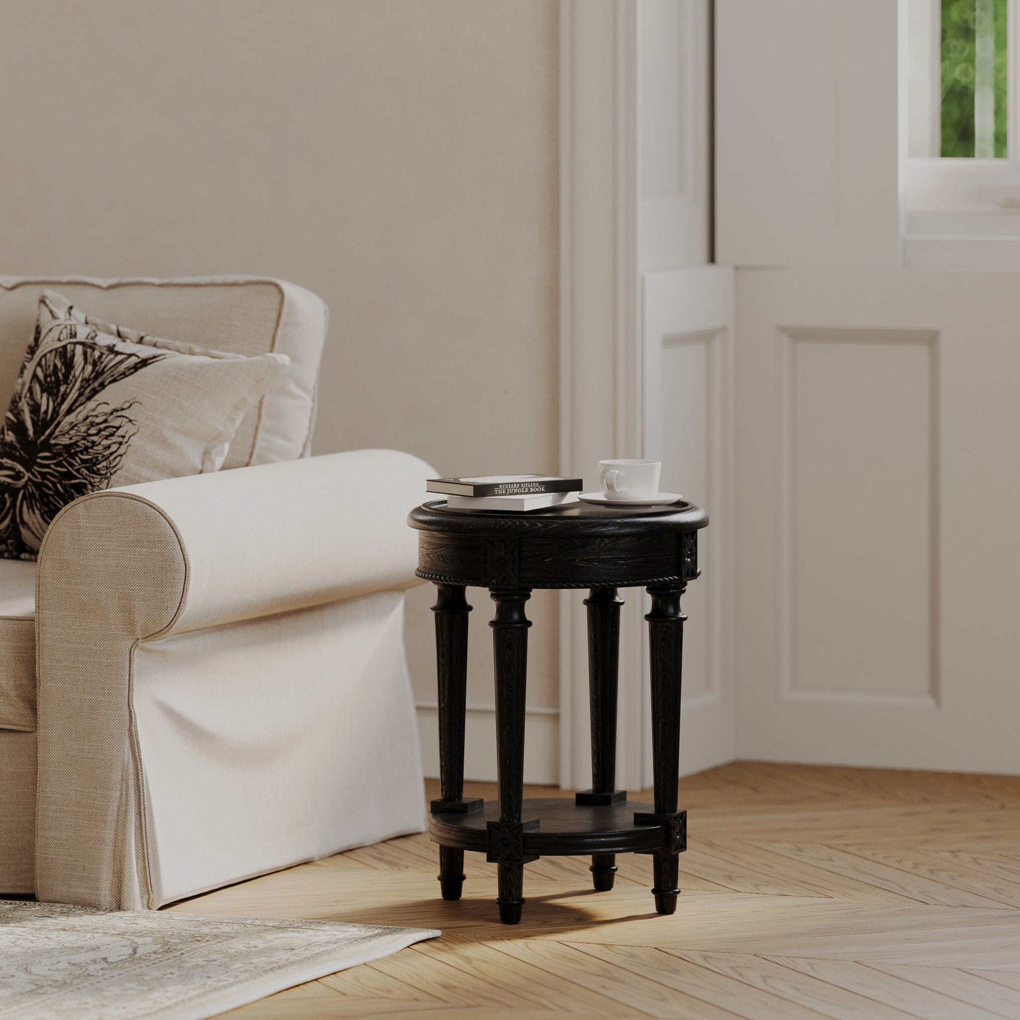 Pullman Traditional Round Wooden Side Table in Antiqued Black Finish in Accent Tables by Maven Lane