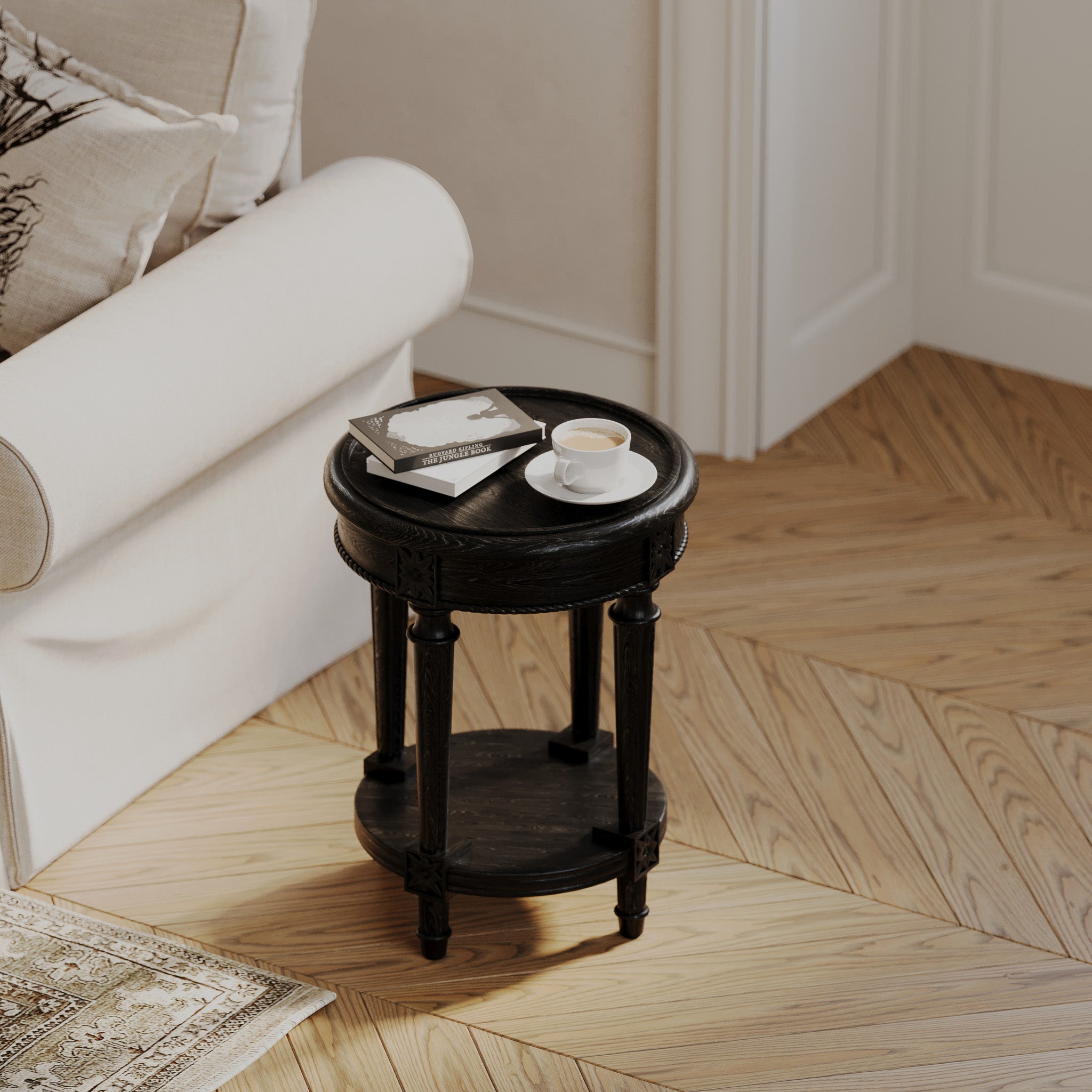 Pullman Traditional Round Wooden Side Table in Antiqued Black Finish in Accent Tables by Maven Lane