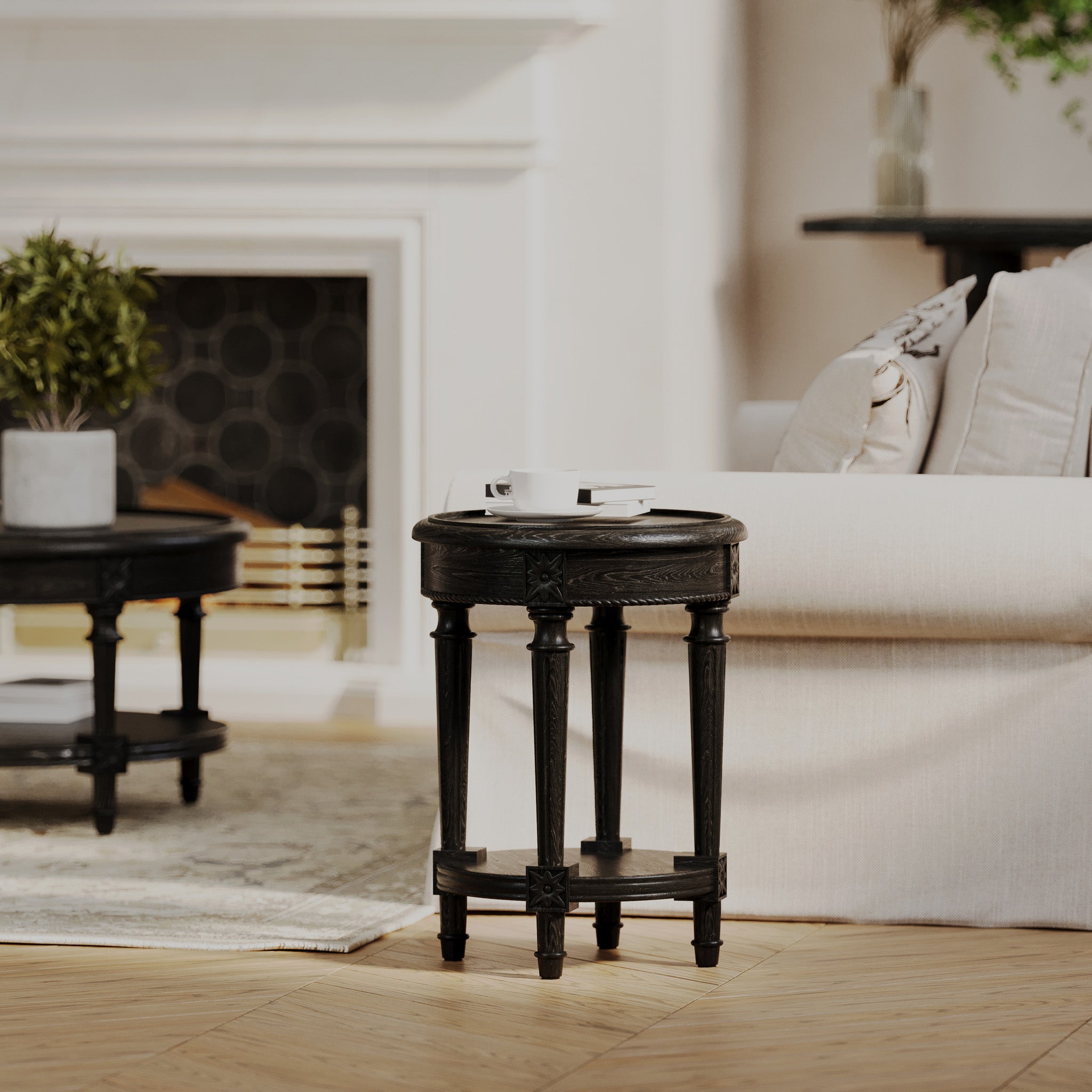 Pullman Traditional Round Wooden Side Table in Antiqued Black Finish in Accent Tables by Maven Lane