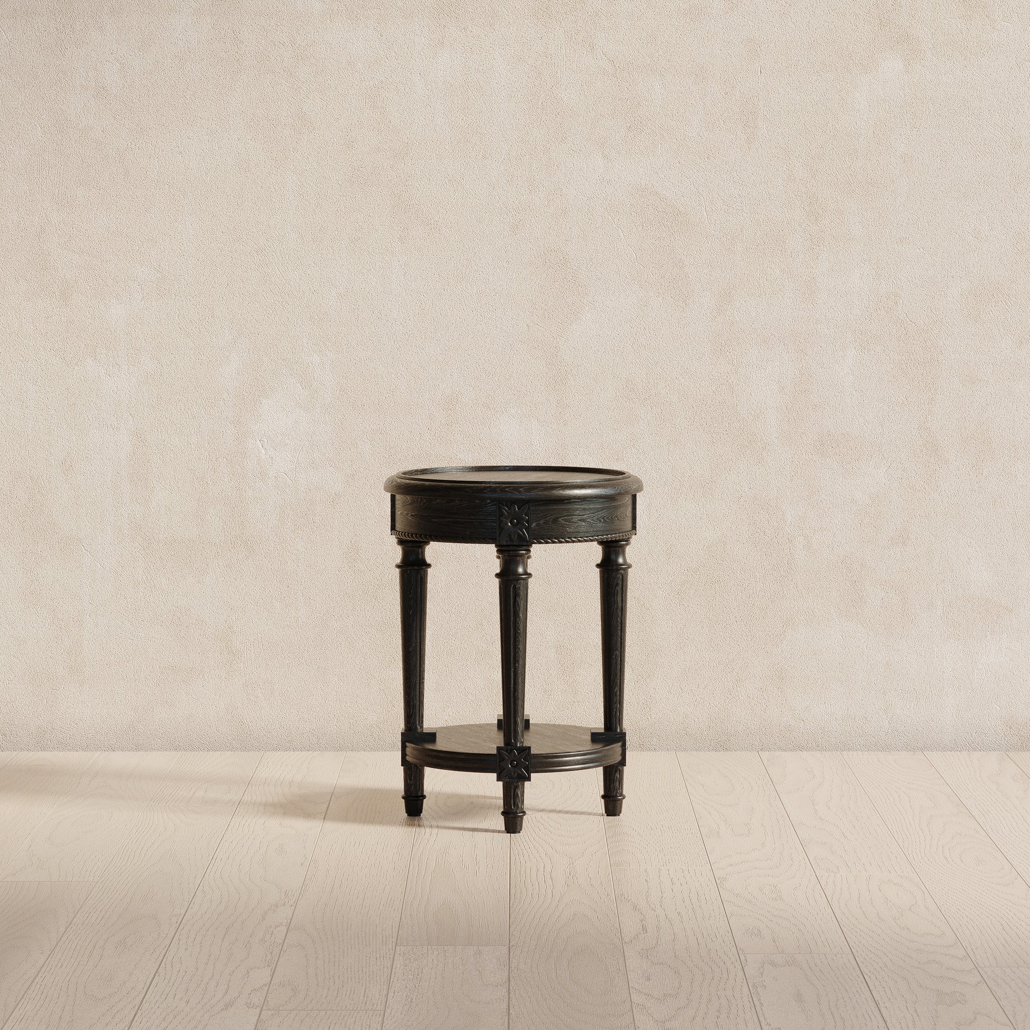 Pullman Traditional Round Wooden Side Table in Antiqued Black Finish in Accent Tables by Maven Lane