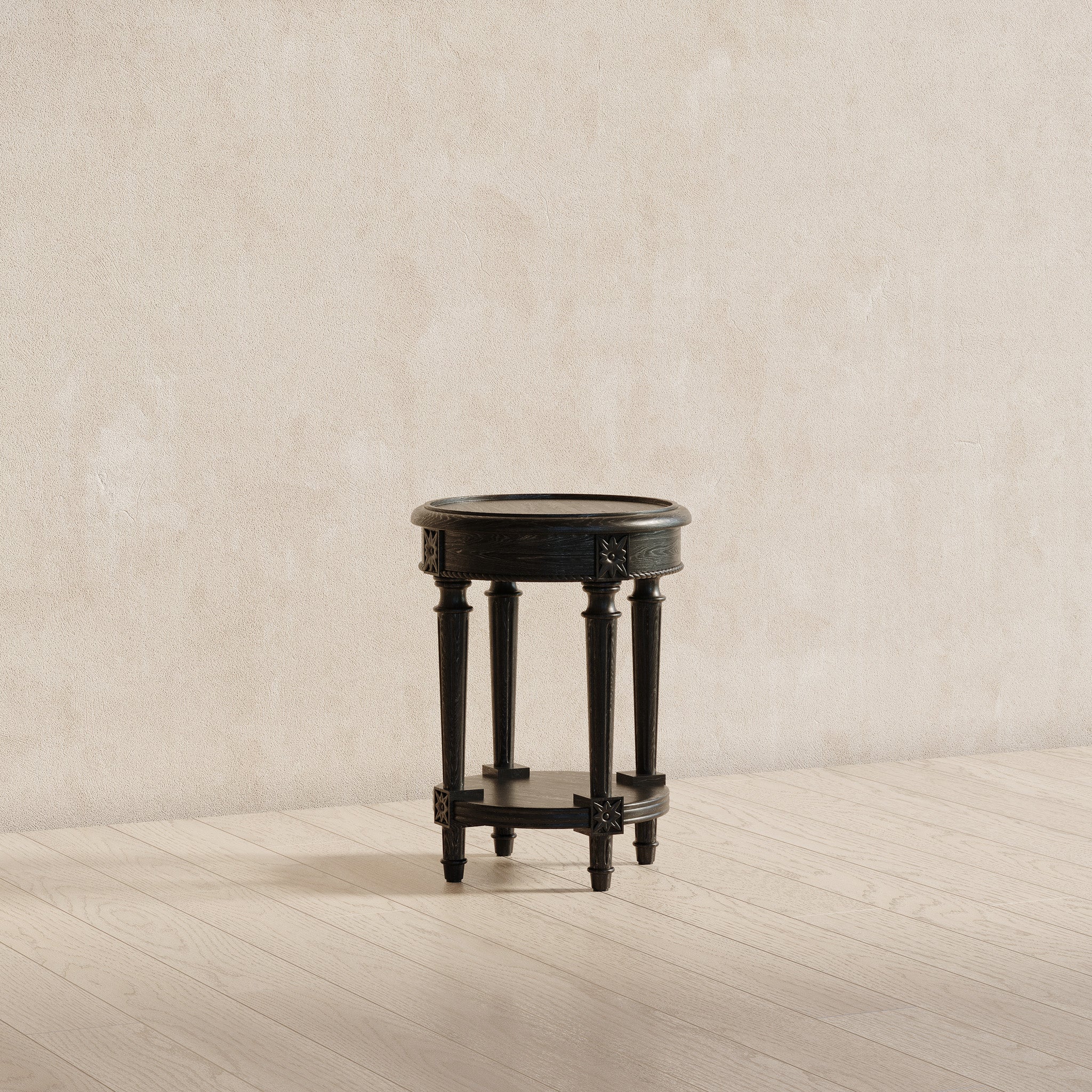 Pullman Traditional Round Wooden Side Table in Antiqued Black Finish in Accent Tables by Maven Lane