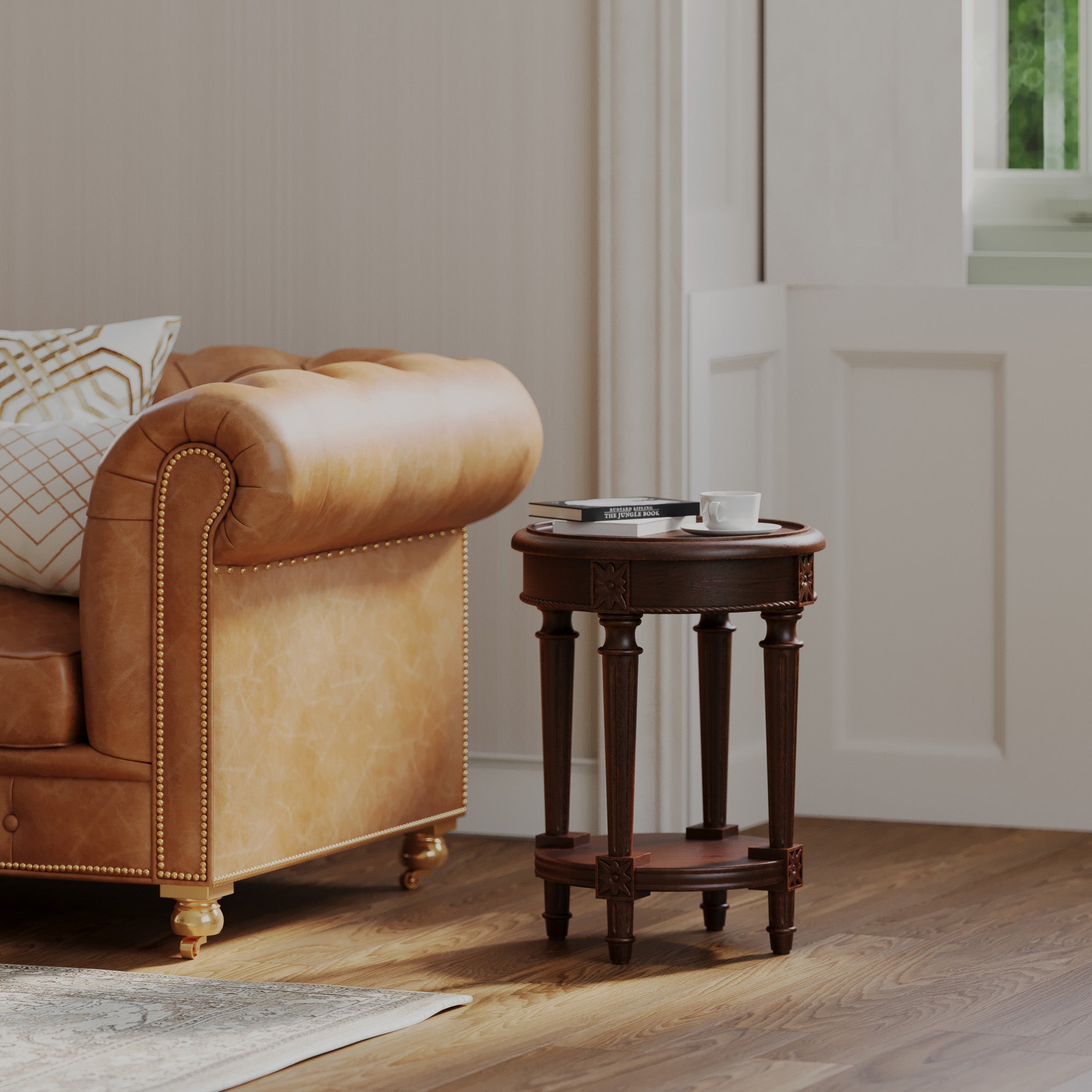 Pullman Traditional Round Wooden Side Table in Antiqued Brown Finish in Accent Tables by VMI