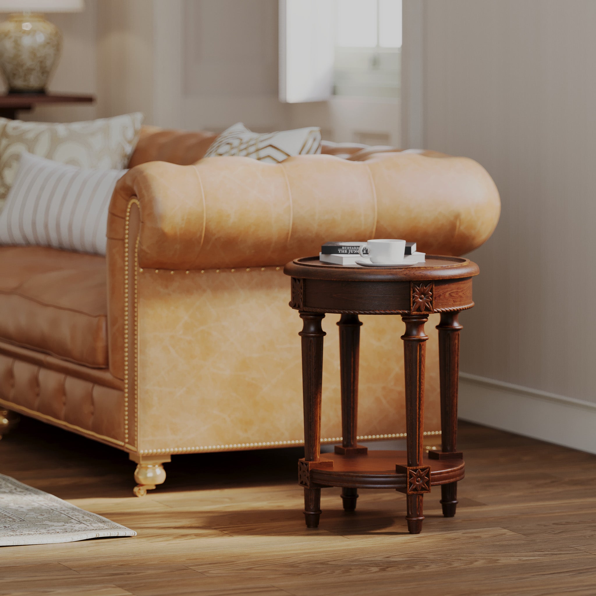 Pullman Traditional Round Wooden Side Table in Antiqued Brown Finish in Accent Tables by Maven Lane