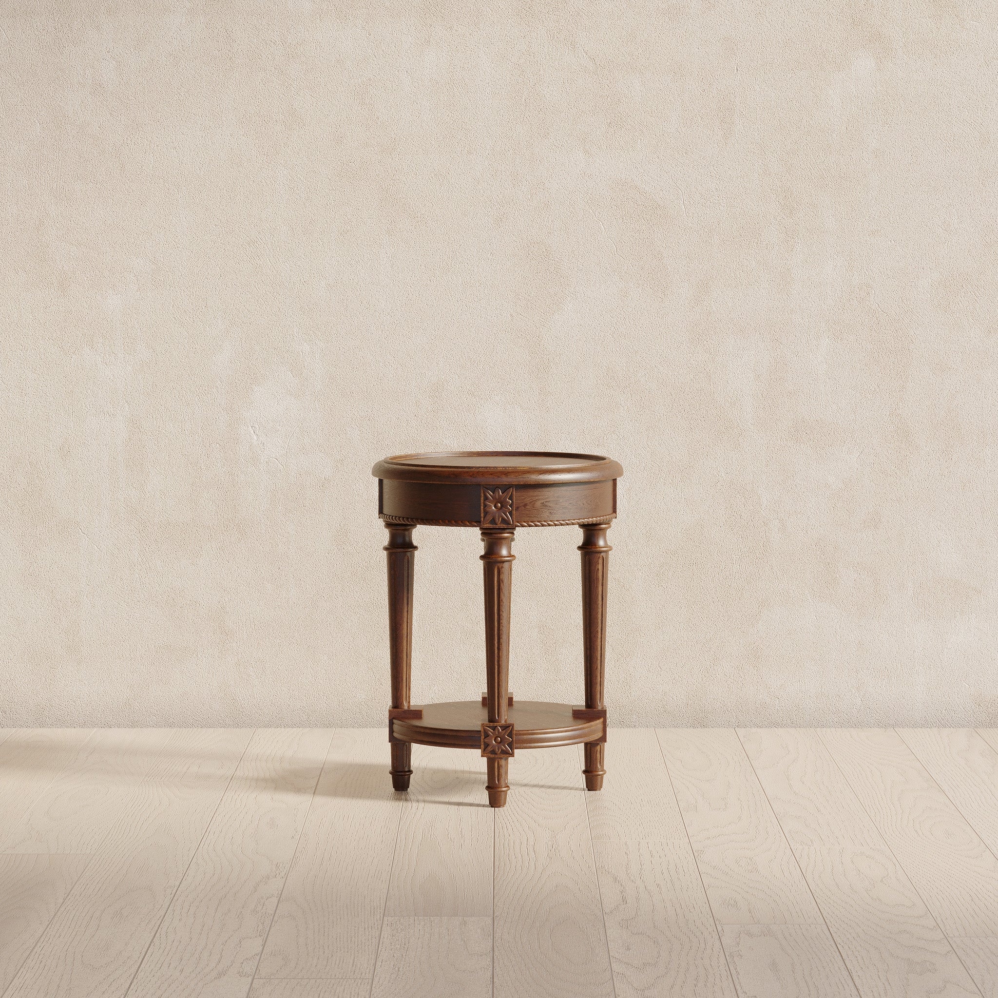 Pullman Traditional Round Wooden Side Table in Antiqued Brown Finish in Side Table by Maven Lane