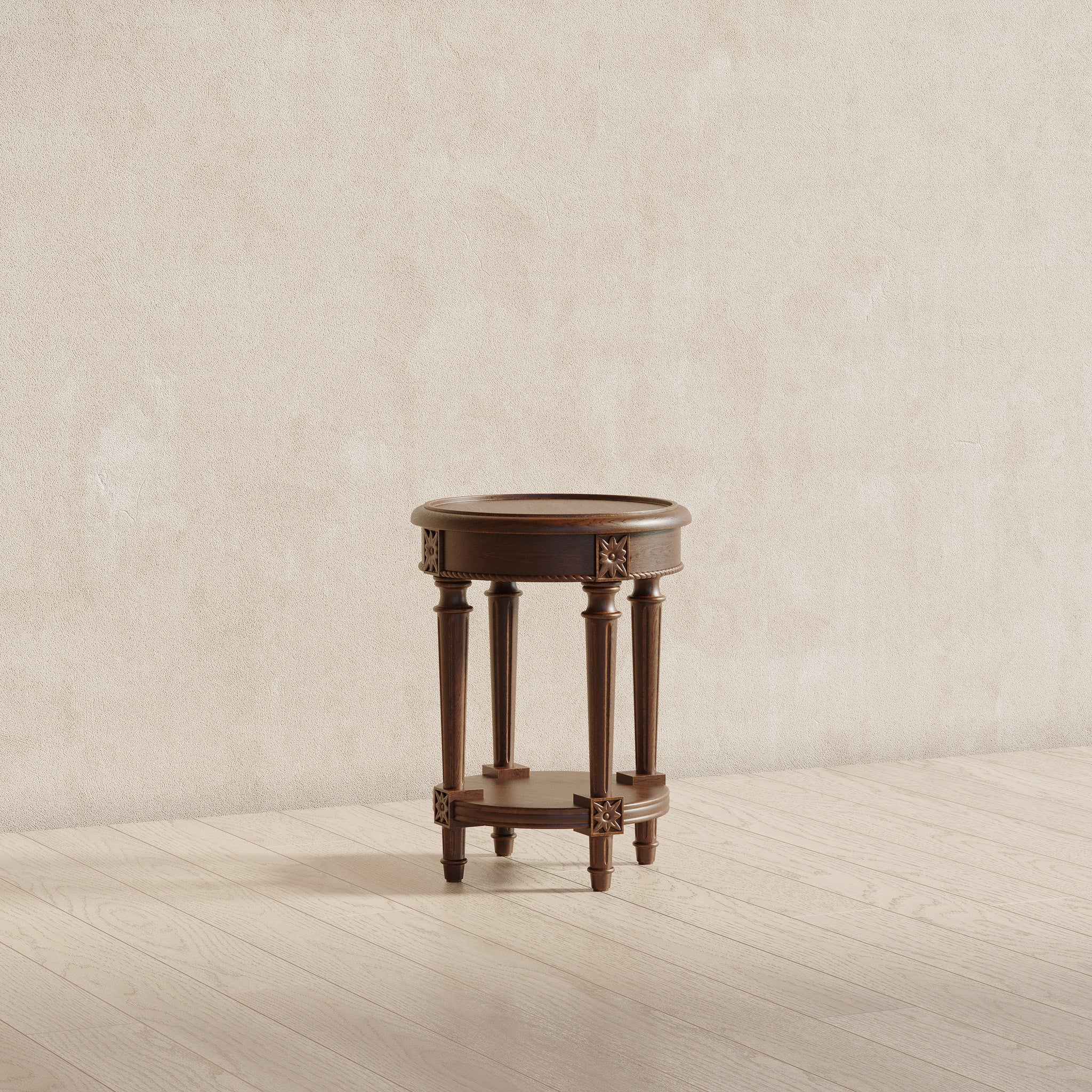 Pullman Traditional Round Wooden Side Table in Antiqued Brown Finish in Accent Tables by VMI