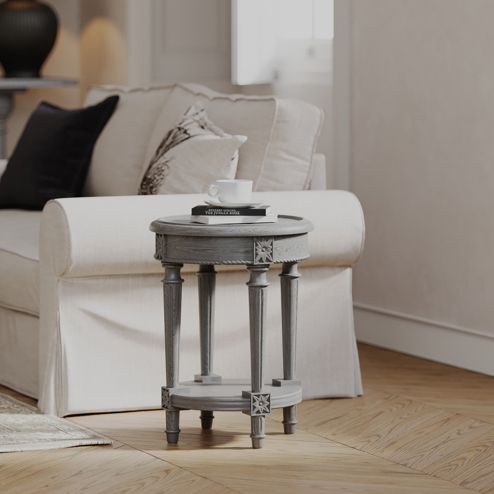 Pullman Traditional Round Wooden Side Table in Antiqued Grey Finish in Accent Tables by Maven Lane