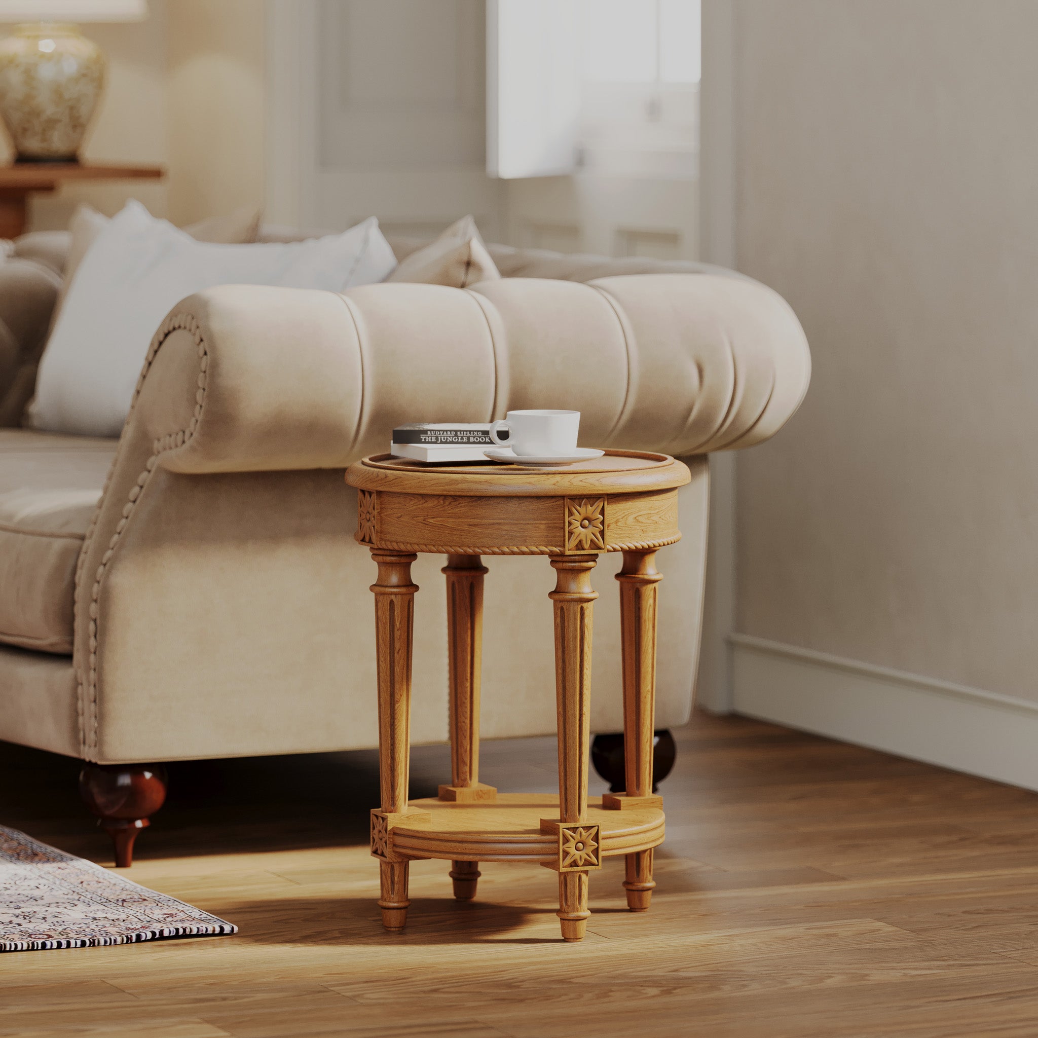 Pullman Traditional Round Wooden Side Table in Antiqued Natural Finish in Accent Tables by Maven Lane