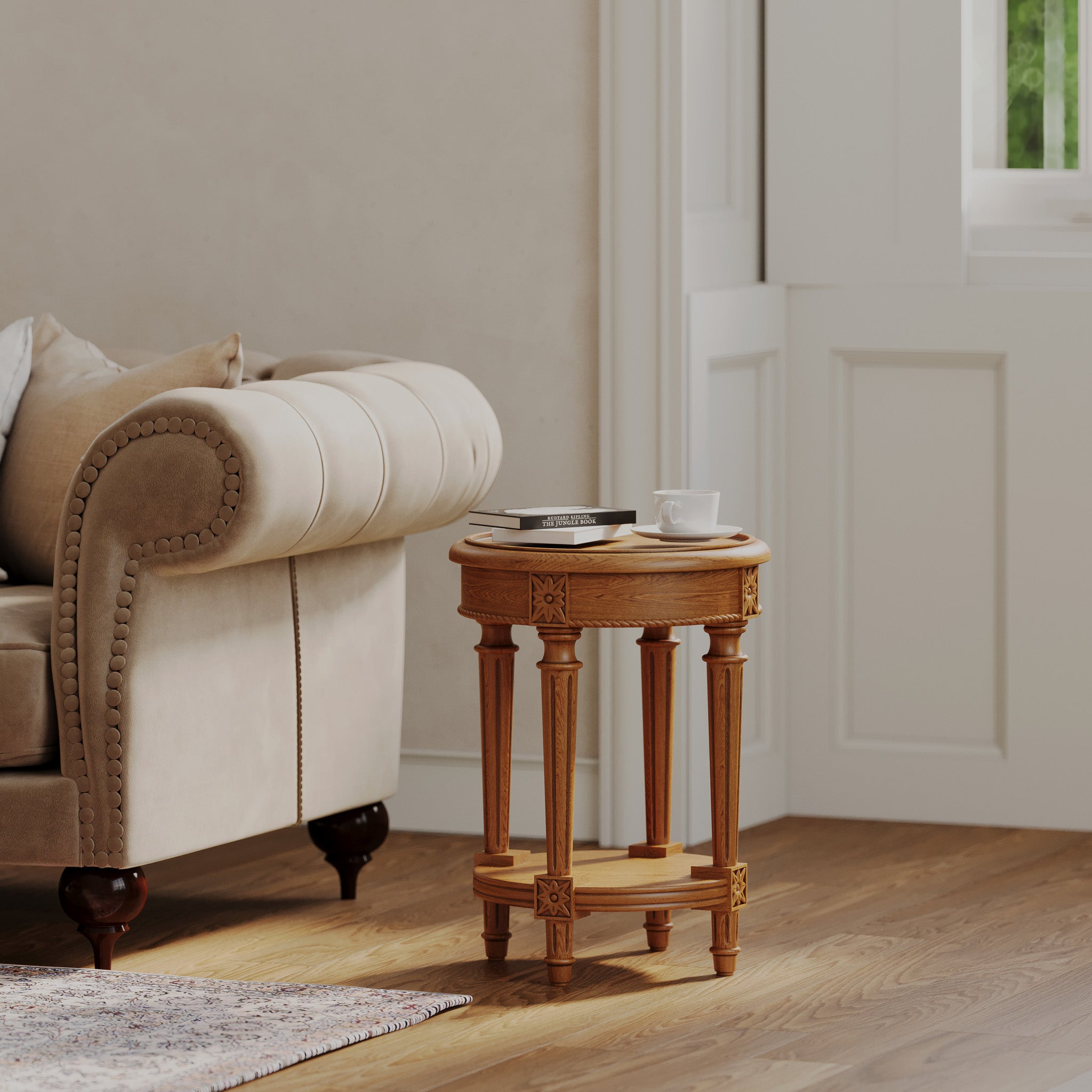 Pullman Traditional Round Wooden Side Table in Antiqued Natural Finish in Accent Tables by VMI