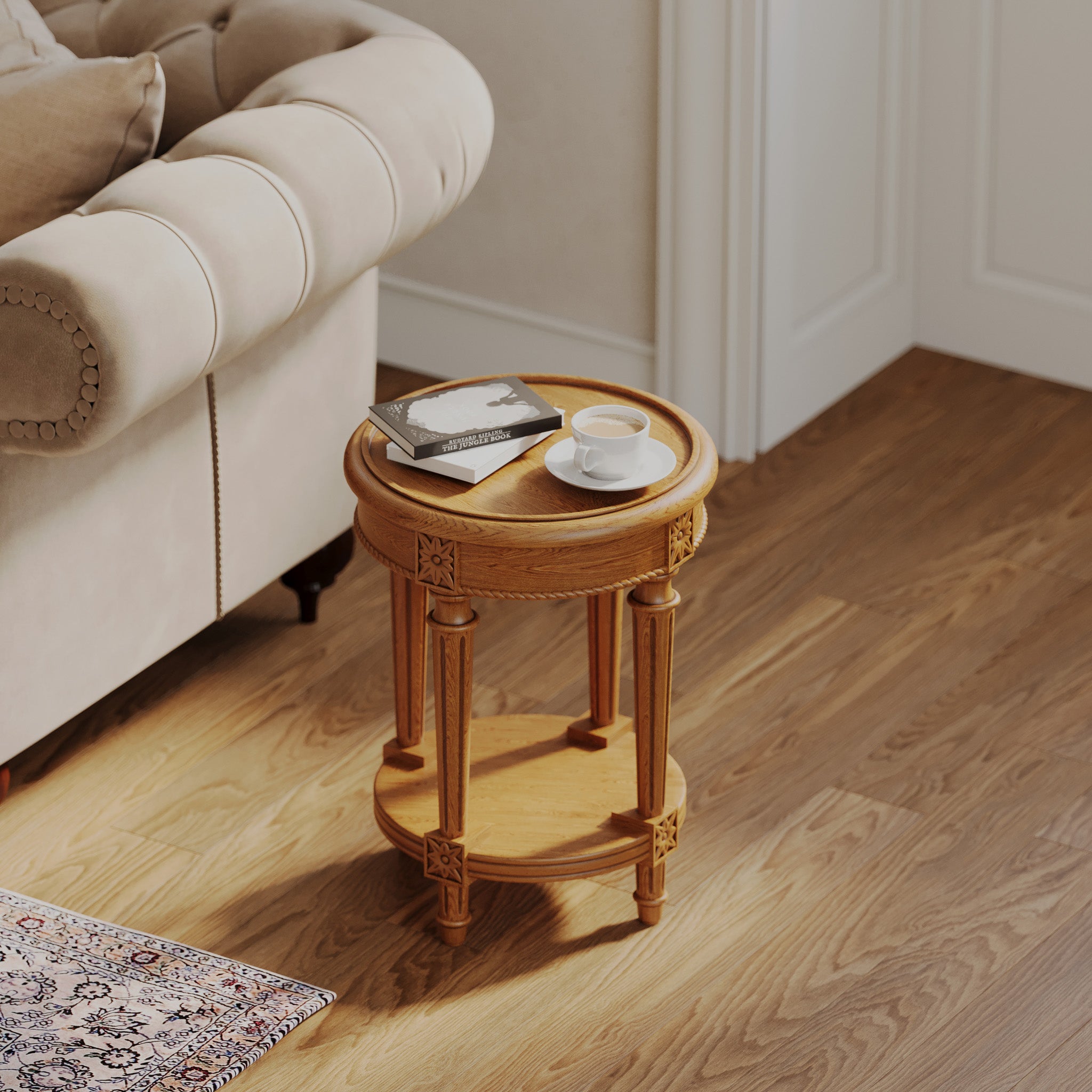 Pullman Traditional Round Wooden Side Table in Antiqued Natural Finish in Accent Tables by VMI