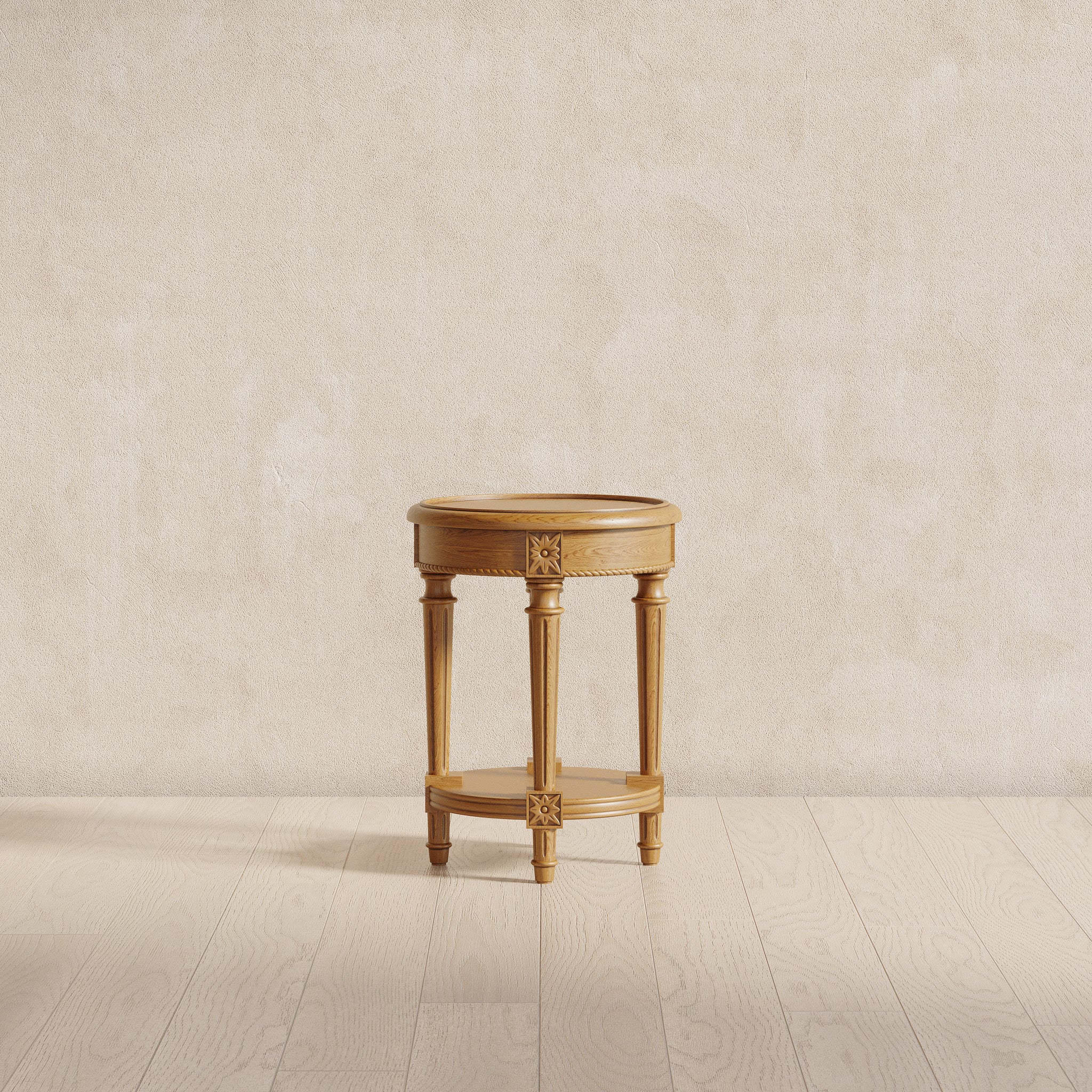 Pullman Traditional Round Wooden Side Table in Antiqued Natural Finish in Accent Tables by VMI