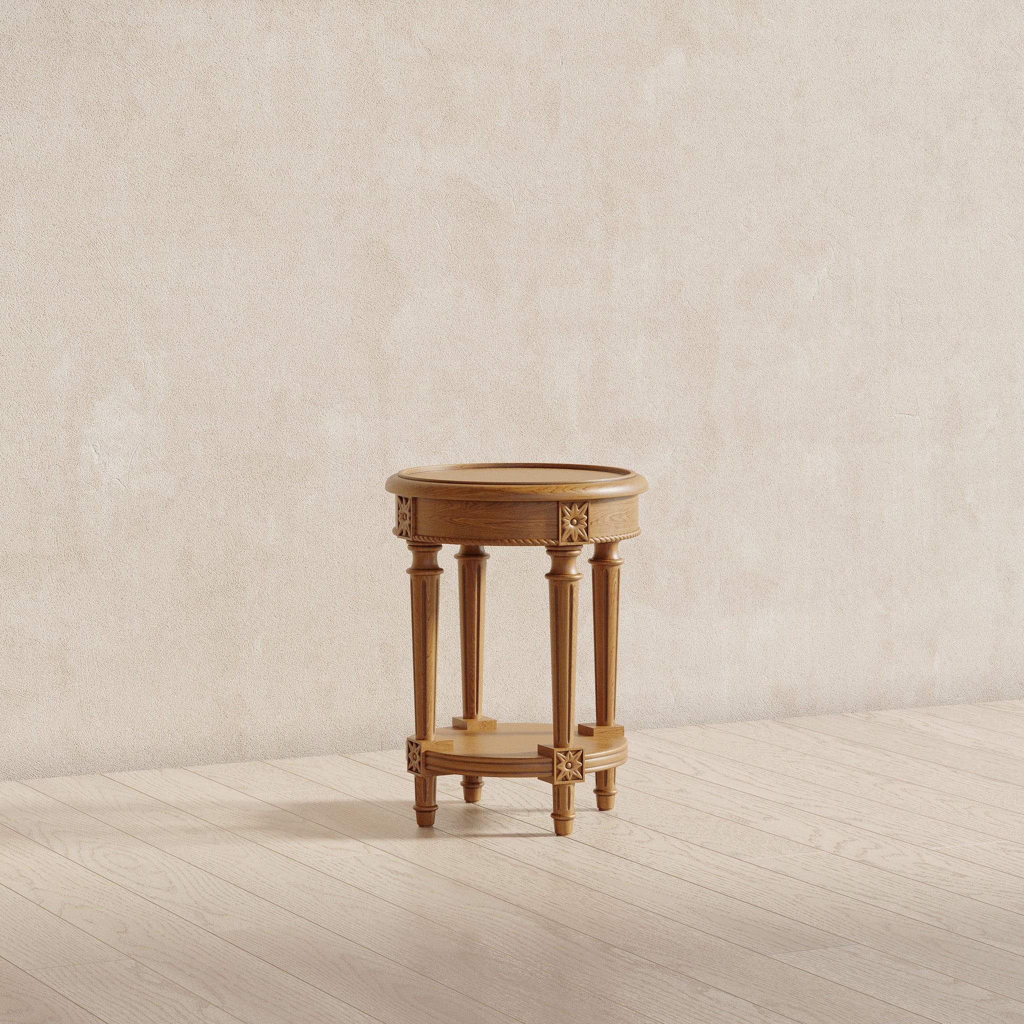 Pullman Traditional Round Wooden Side Table in Antiqued Natural Finish in Accent Tables by VMI