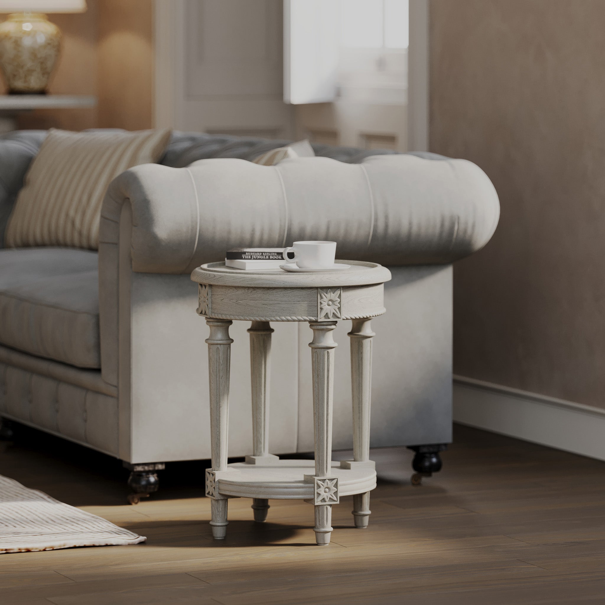 Pullman Traditional Round Wooden Side Table in Antiqued White Finish in Accent Tables by Maven Lane