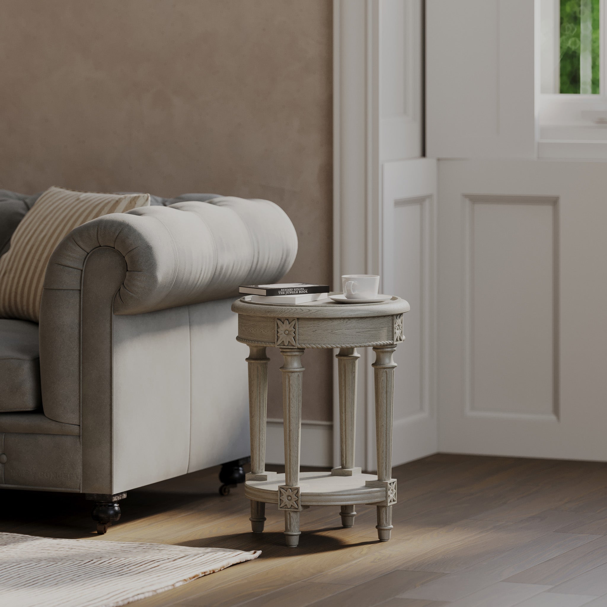 Pullman Traditional Round Wooden Side Table in Antiqued White Finish in Accent Tables by Maven Lane