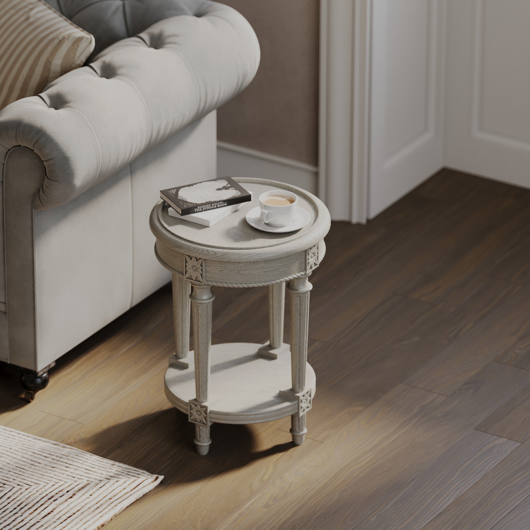 Pullman Traditional Round Wooden Side Table in Antiqued White Finish in Accent Tables by Maven Lane