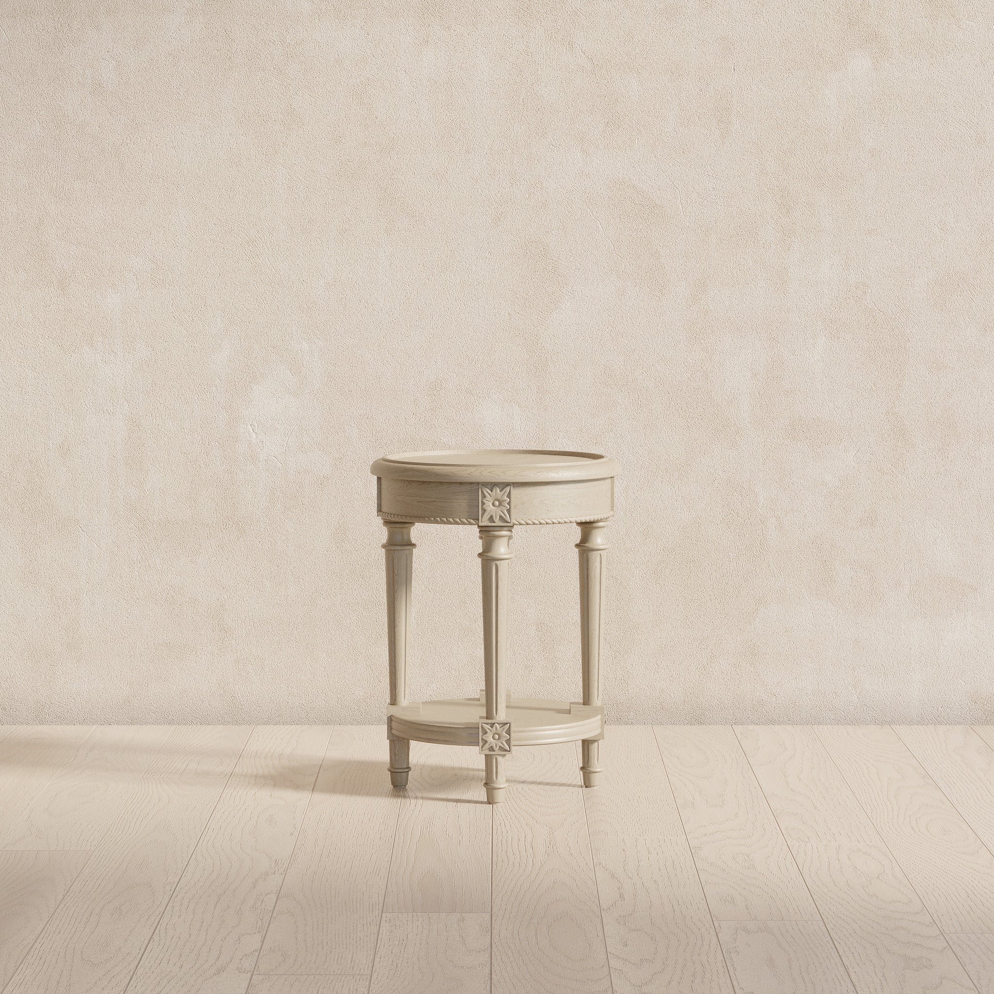 Pullman Traditional Round Wooden Side Table in Antiqued White Finish in Accent Tables by Maven Lane