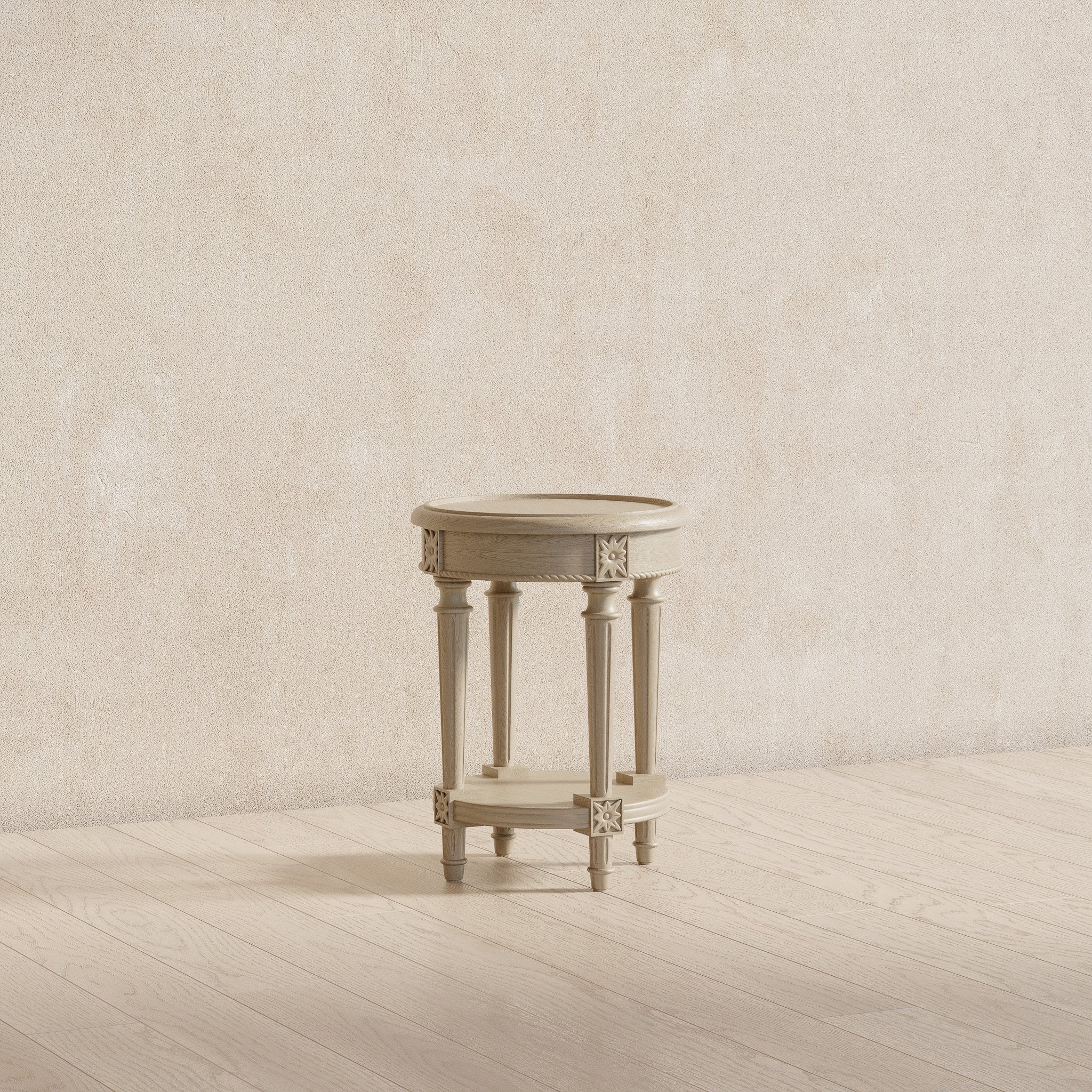 Pullman Traditional Round Wooden Side Table in Antiqued White Finish in Accent Tables by Maven Lane