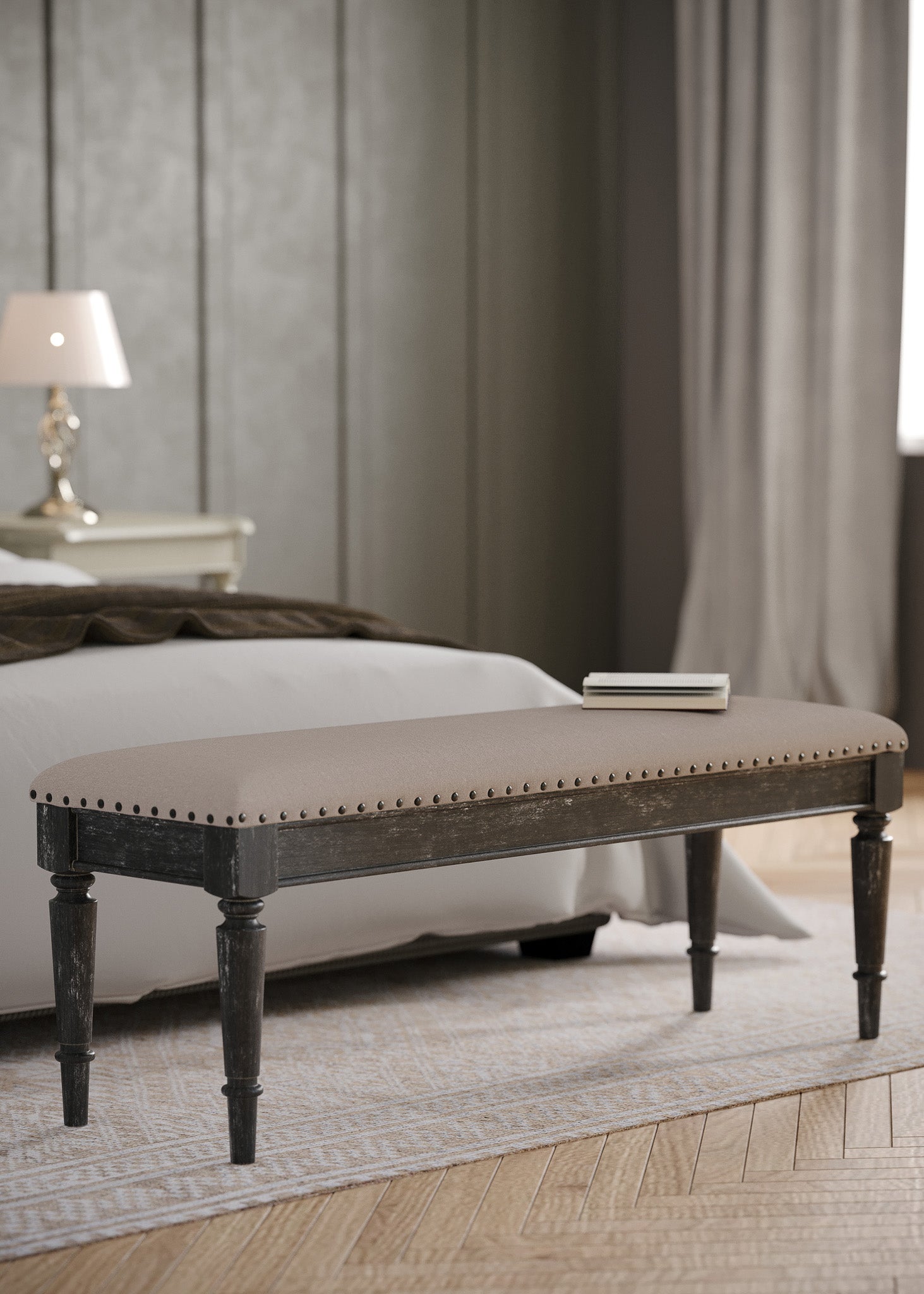 Elizabeth Classical Upholstered Wooden Bench in Antiqued Black Finish in Ottomans & Benches by Maven Lane