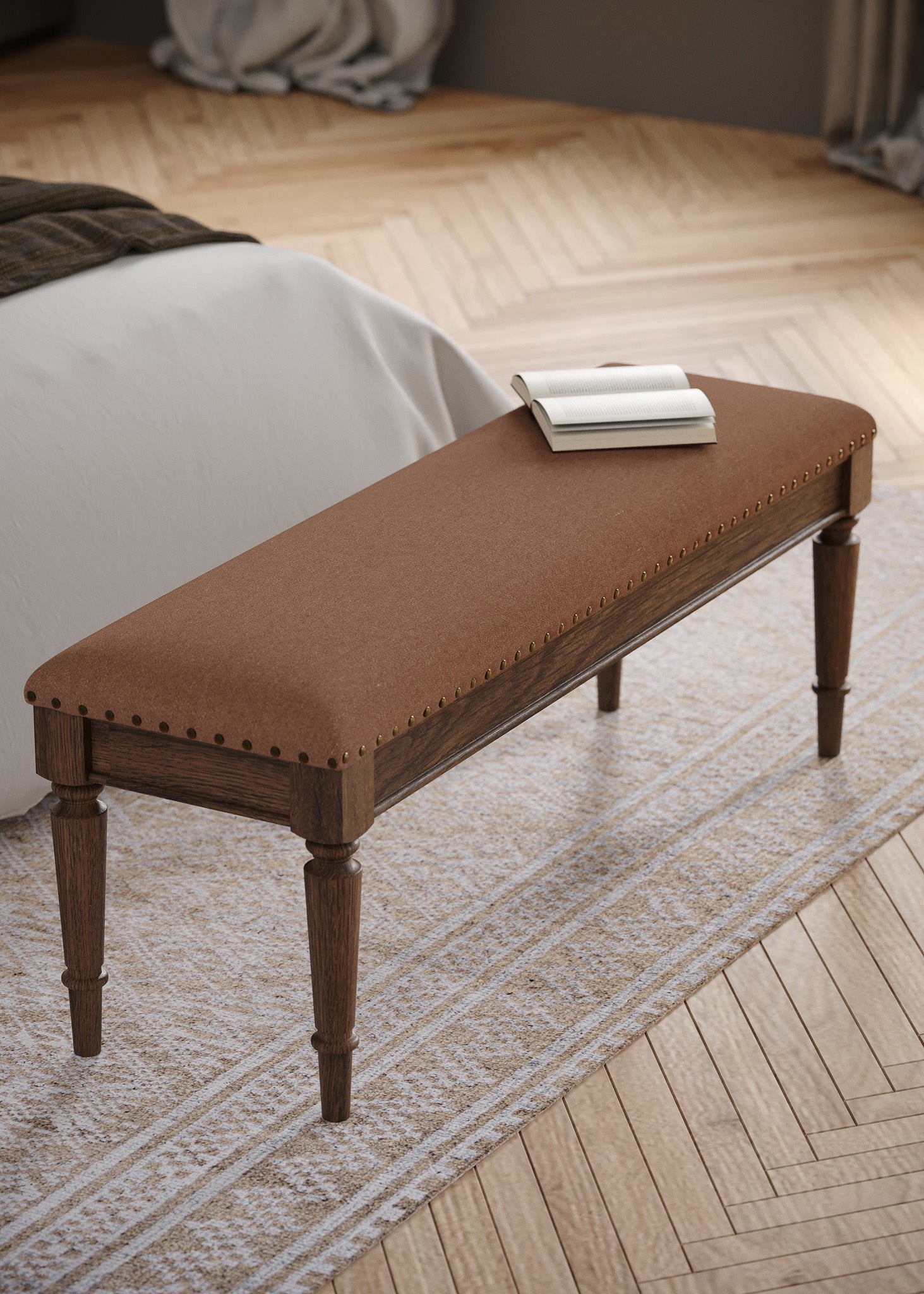 Elizabeth Classical Upholstered Wooden Bench in Antiqued Brown Finish in Ottomans & Benches by Maven Lane