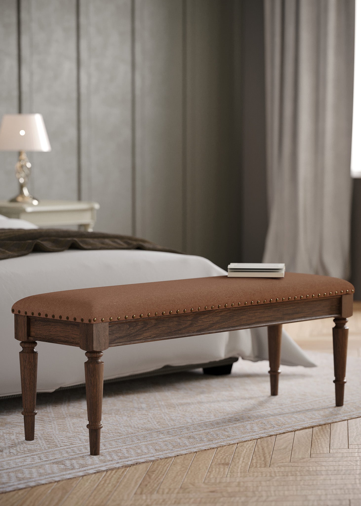 Elizabeth Classical Upholstered Wooden Bench in Antiqued Brown Finish in Ottomans & Benches by Maven Lane