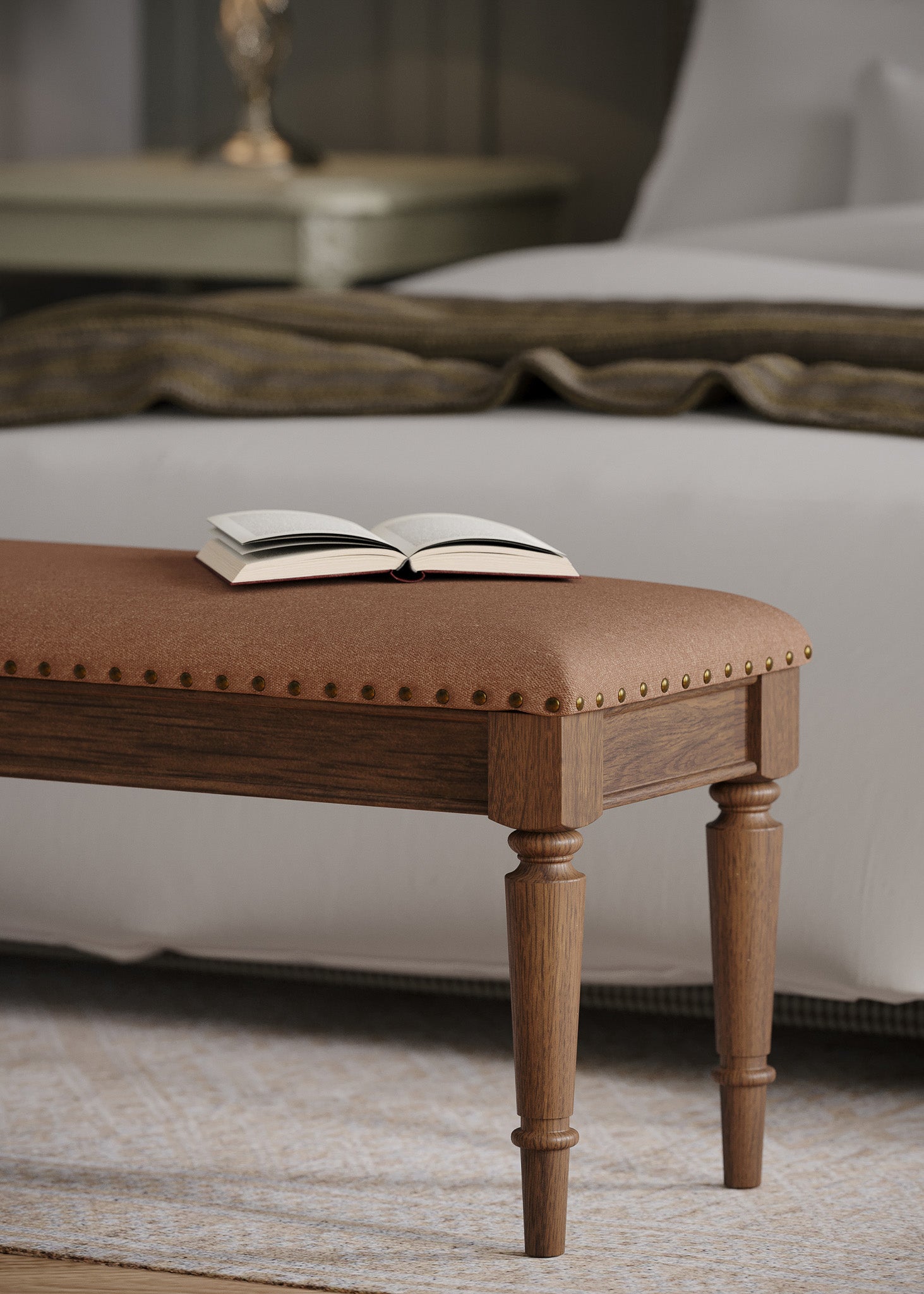 Elizabeth Classical Upholstered Wooden Bench in Antiqued Brown Finish in Ottomans & Benches by Maven Lane