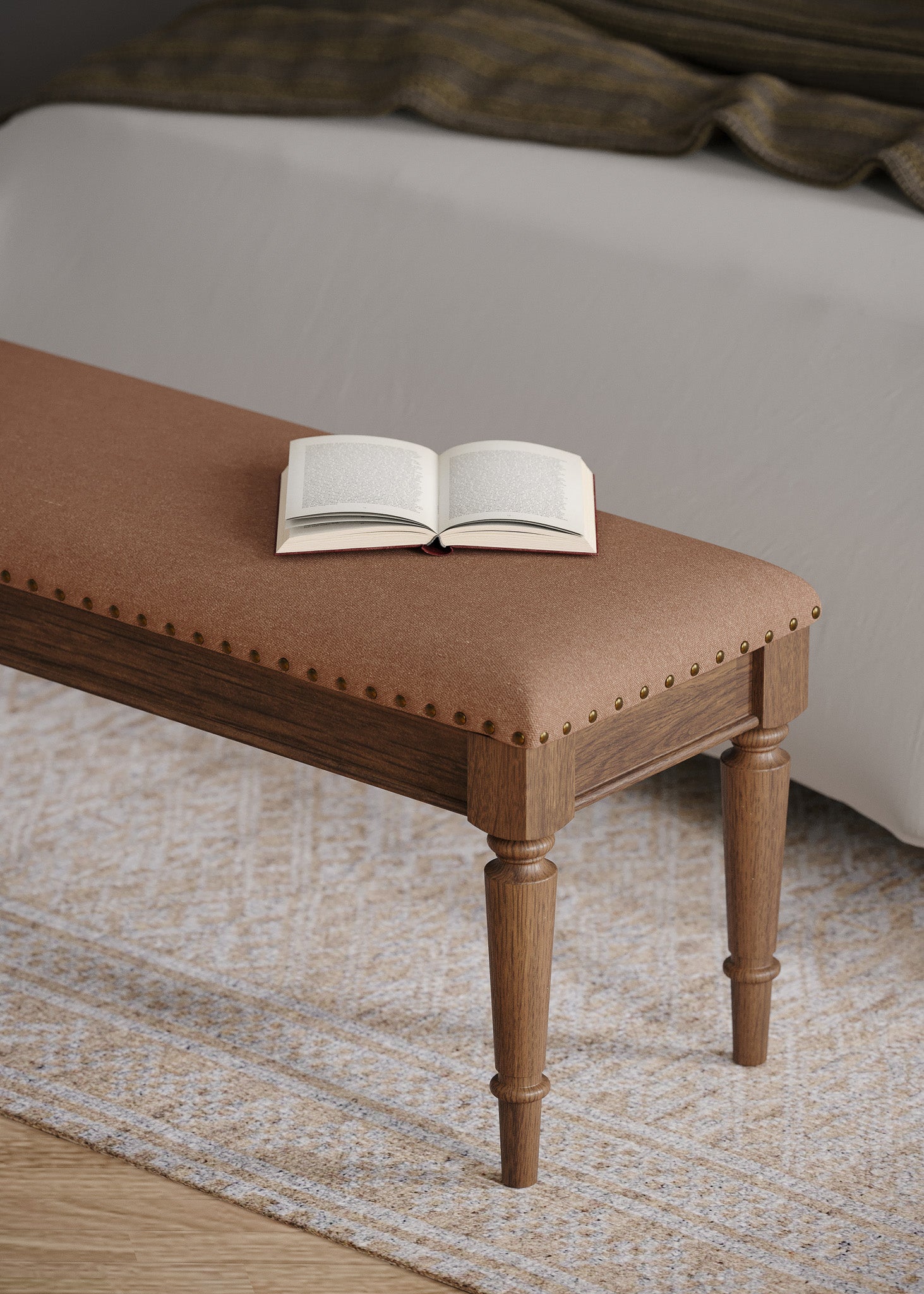 Elizabeth Classical Upholstered Wooden Bench in Antiqued Brown Finish in Ottomans & Benches by Maven Lane