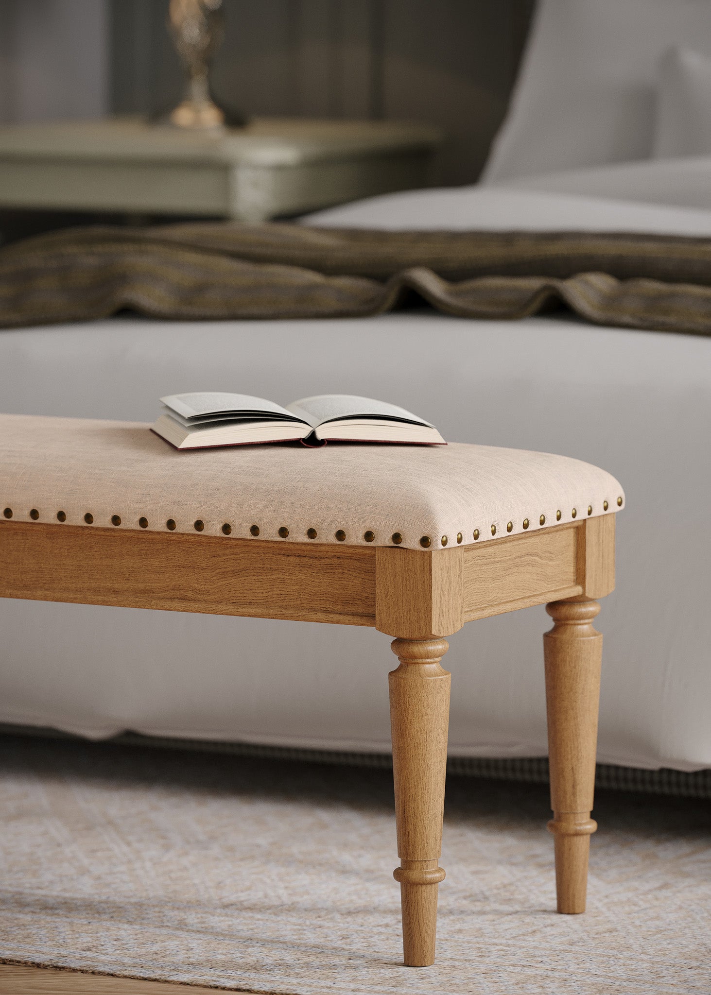 Elizabeth Classical Upholstered Wooden Bench in Antiqued Natural Finish in Ottomans & Benches by Maven Lane