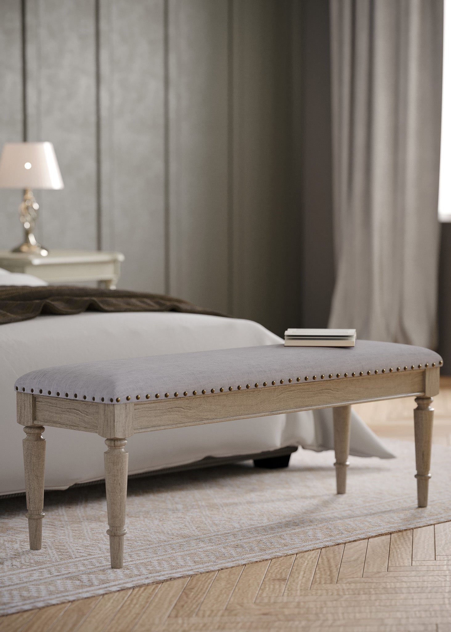 Elizabeth Classical Upholstered Wooden Bench in Antiqued Grey Finish in Ottomans & Benches by Maven Lane