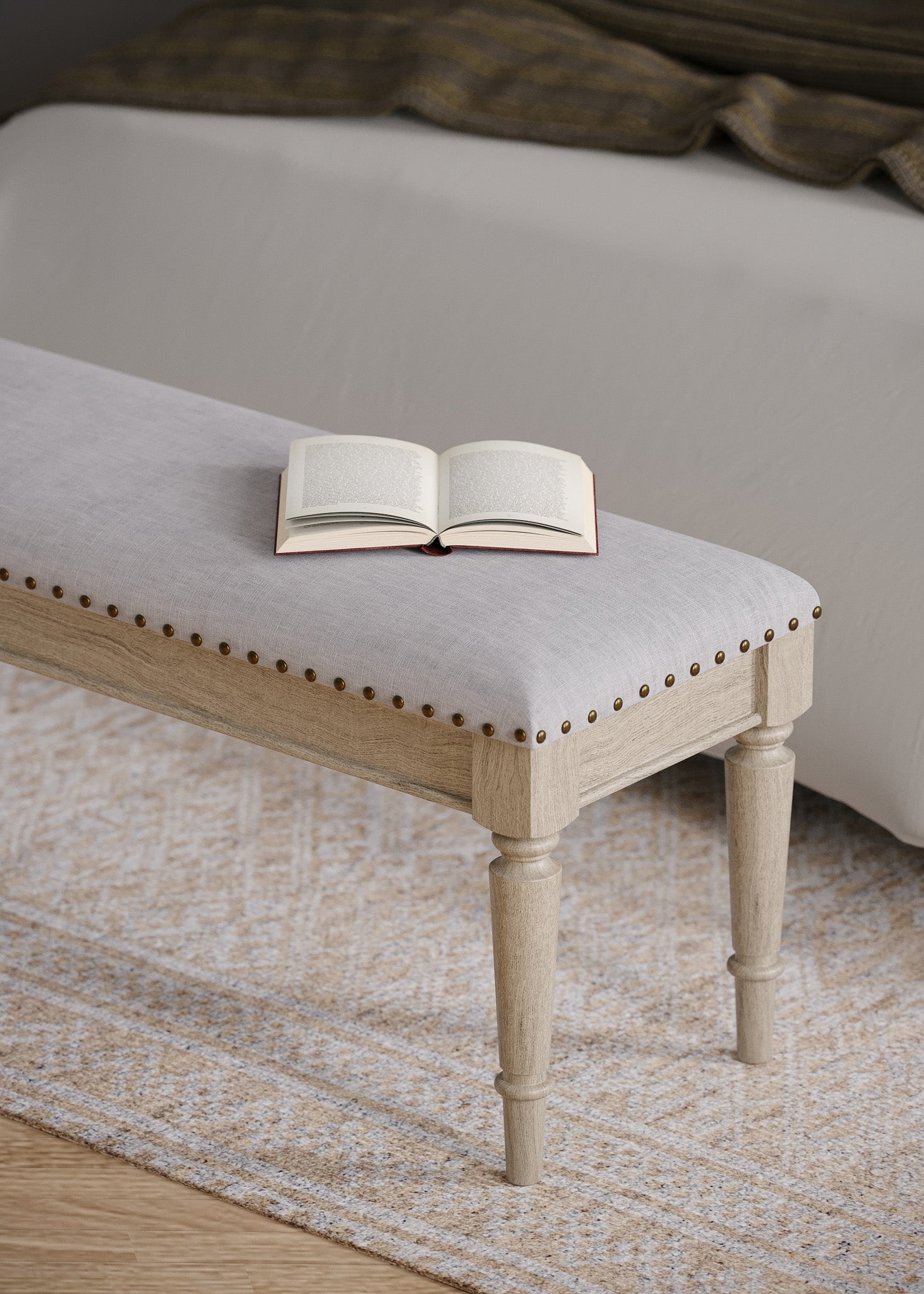 Elizabeth Classical Upholstered Wooden Bench in Antiqued Grey Finish in Ottomans & Benches by Maven Lane